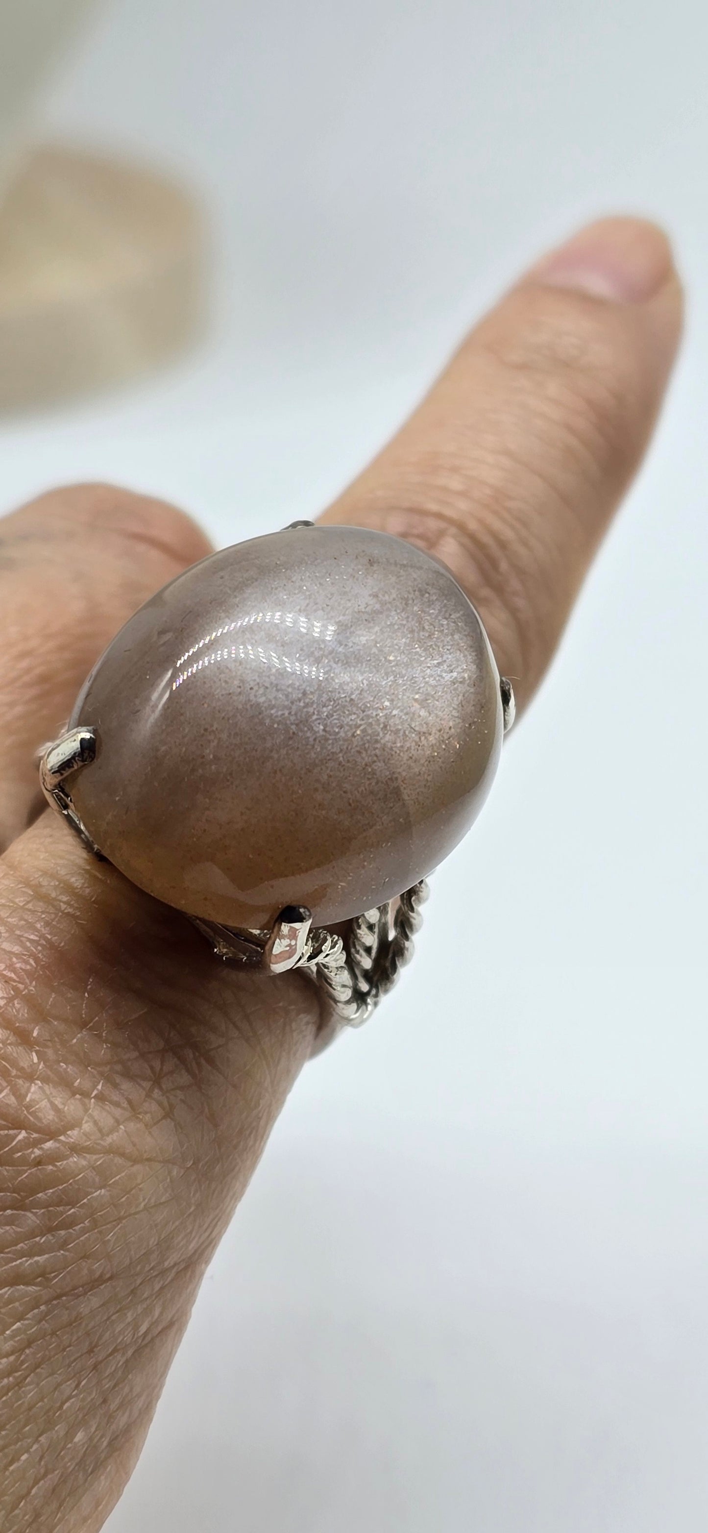 Elegant Taupe Moonstone Ring – Rhodium-Plated Sterling Silver