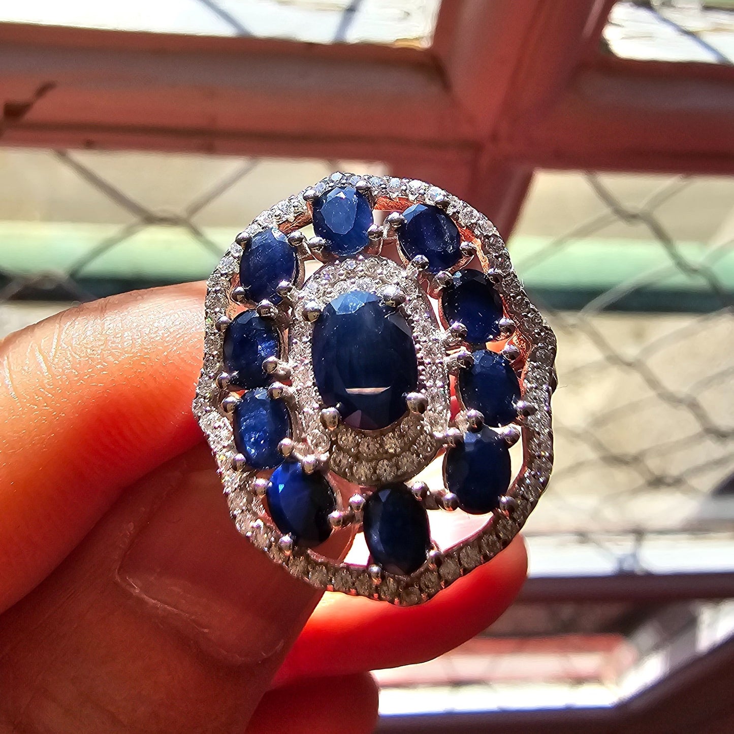 1920s Vintage-Inspired Sapphire & Cambodian Zircon Ring – White Rhodium-Plated Sterling Silver