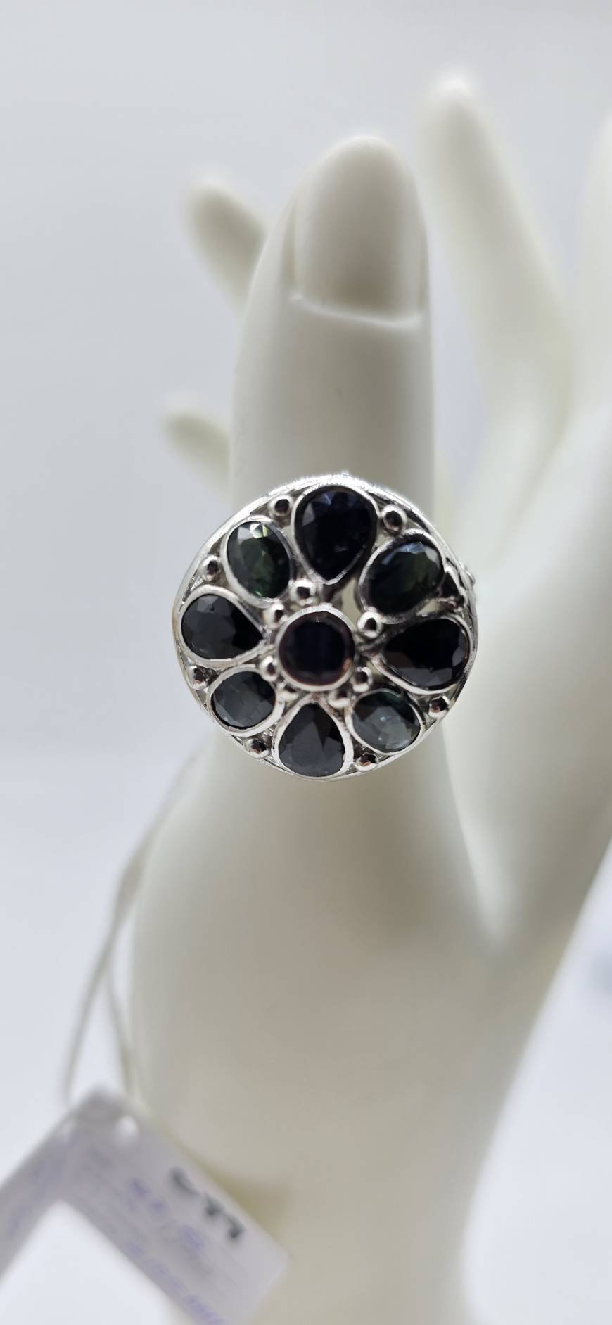 Sapphire Cluster Flower Ring – Rhodium-Plated Sterling Silver