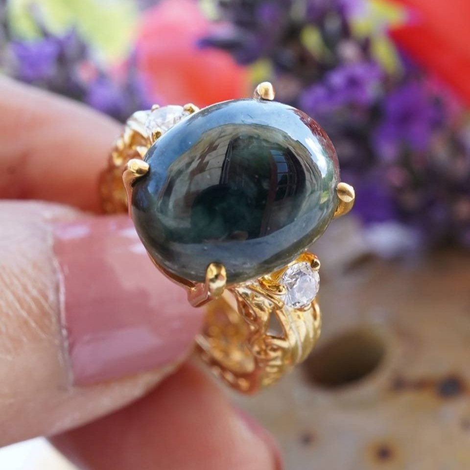 Sapphire & Zircon Ornate Trio Ring – 24K Gold Plated Sterling Silver