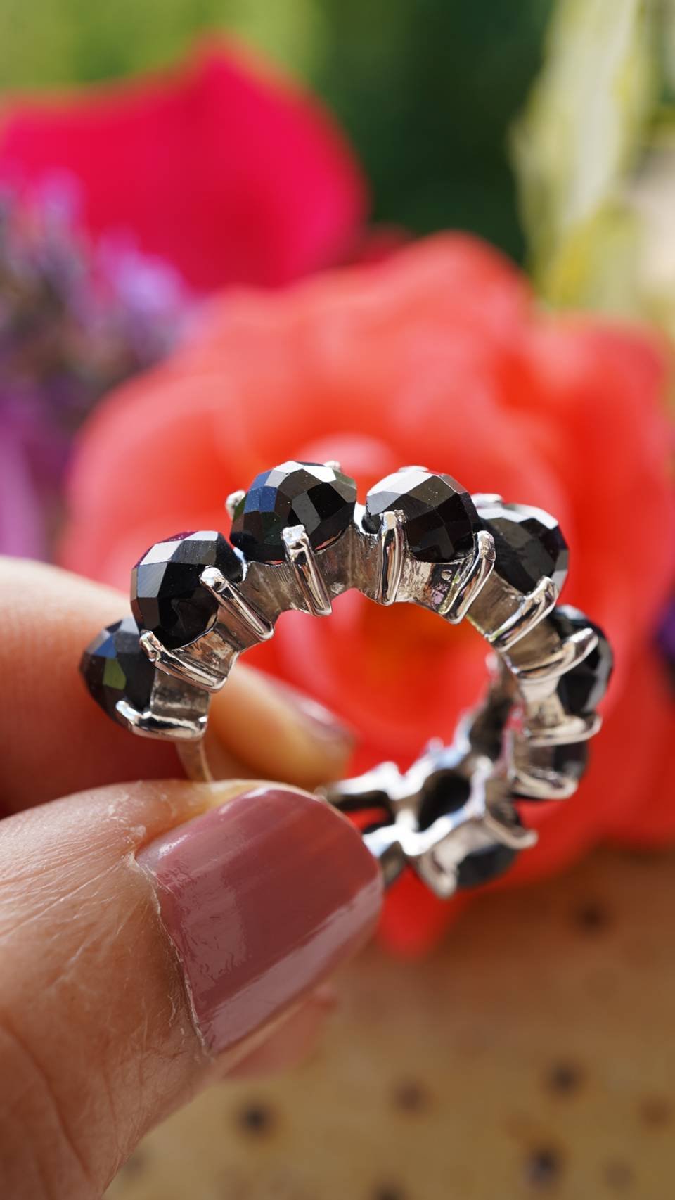 Black Spinel Heart-Cut Eternity Ring – 18K White Gold Plated Sterling Silver