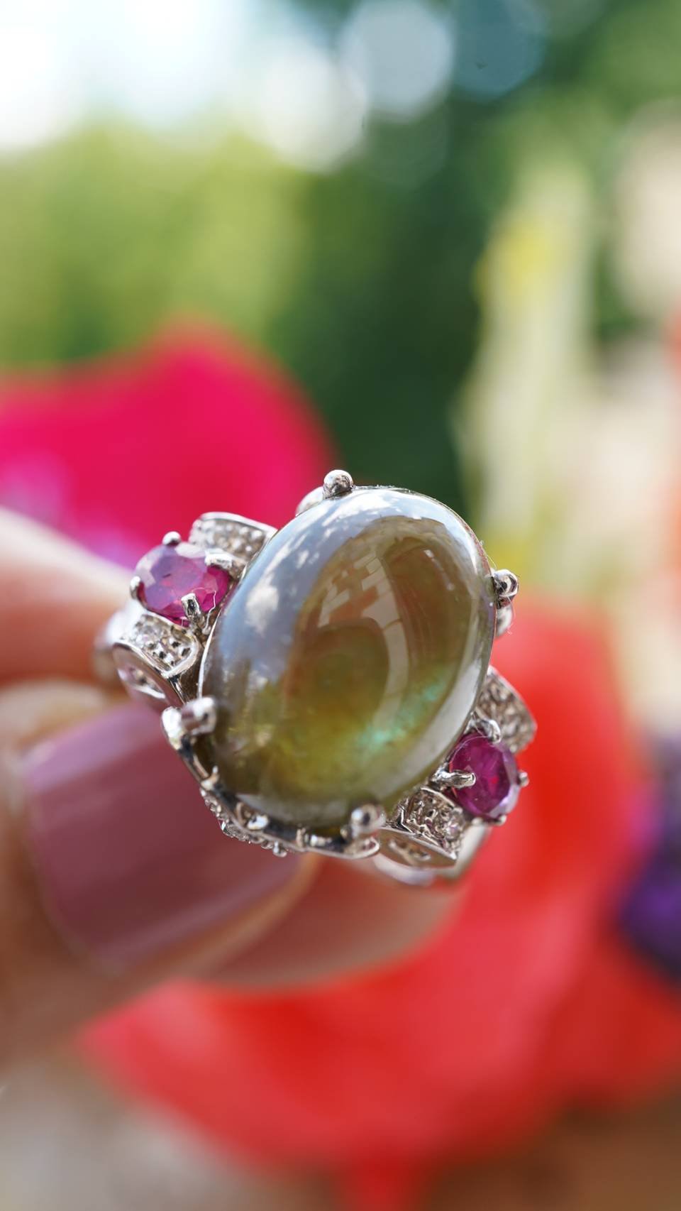 Green Sapphire & Burmese Ruby Ornate Ring – 18K White Gold Plated Sterling Silver