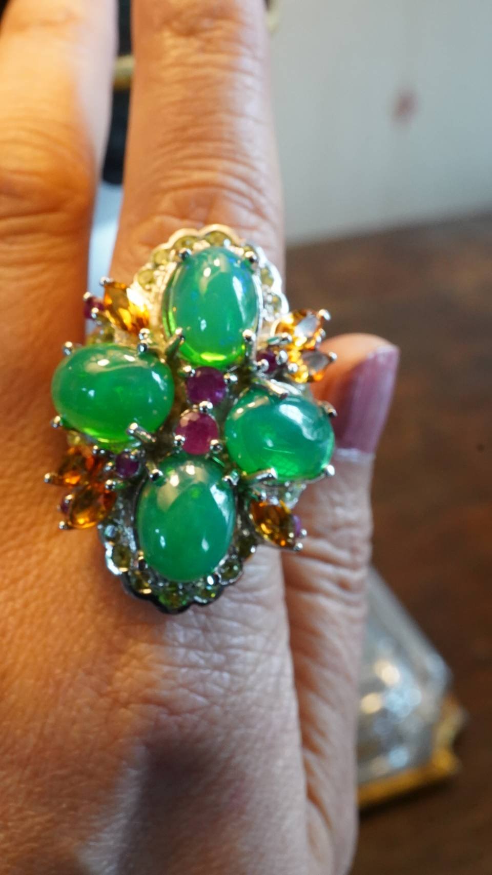 Ornate Green Opal, Ruby, Sapphire & Peridot Ring – 18K White Gold Plated Sterling Silver