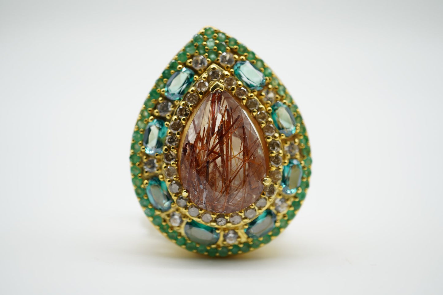 Copper Rutile, Diamond & Emerald Ring – 18K Gold-Plated Sterling Silver