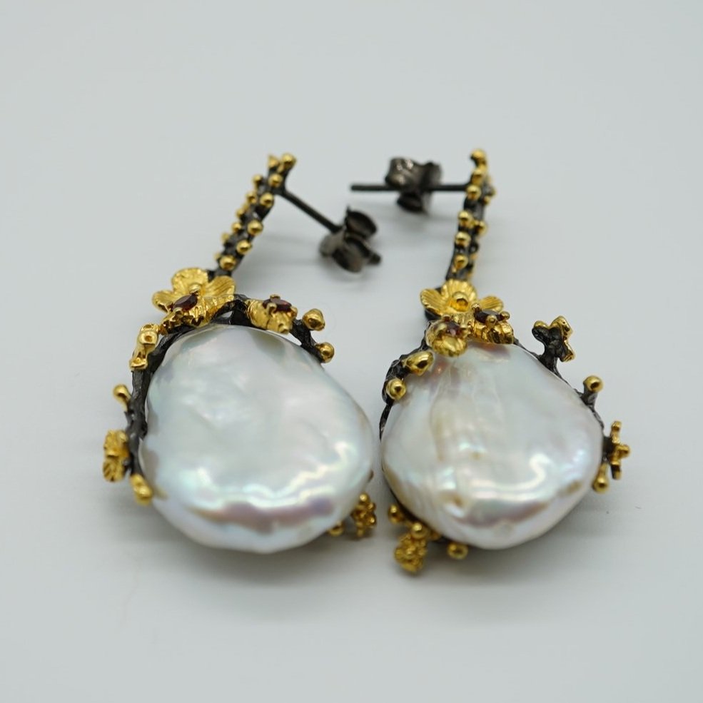 Baroque Pearl Earrings – Black Rhodium & 18K Yellow Gold Plated Sterling Silver