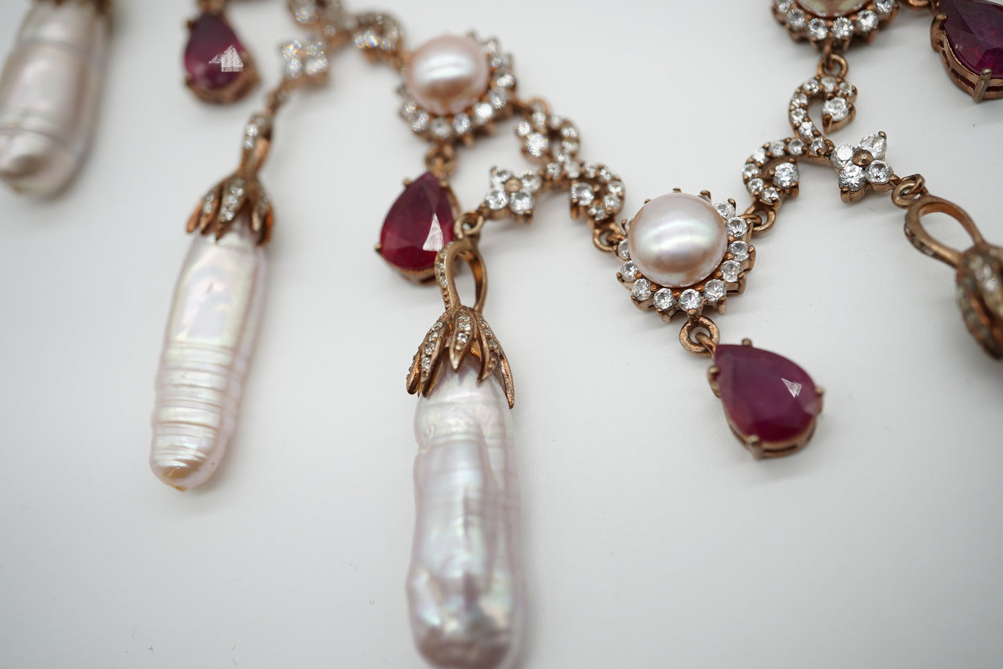 Rare Ruby, Baroque Pearl & White Topaz Necklace – Rose Gold-Plated