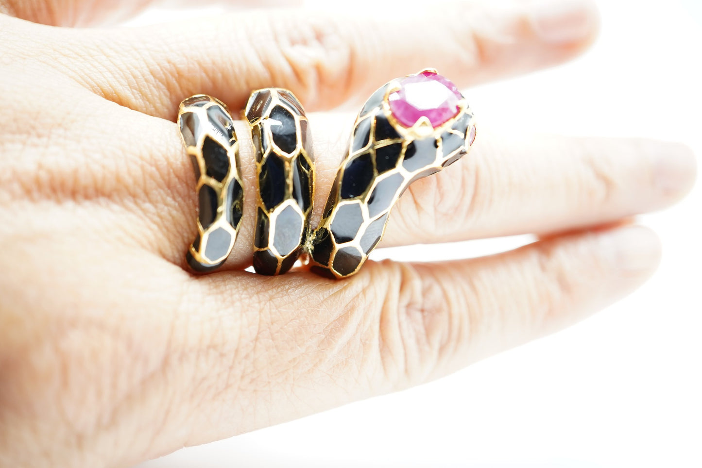 Elegant Snake Enamel Ring with Ruby Eyes – 18K Gold-Plated Sterling Silver
