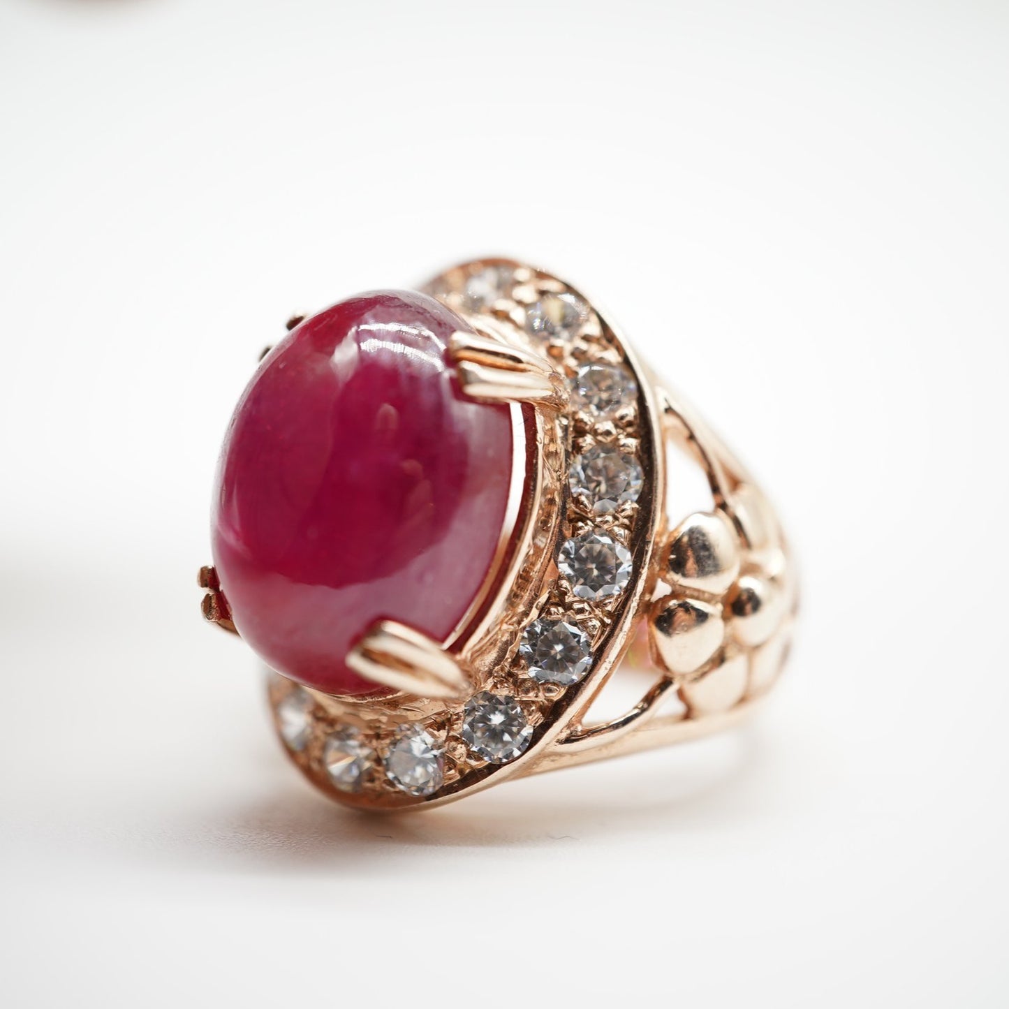 Boho Antique-Style Ruby & White Topaz Ring – Rose Gold-Plated Sterling Silver