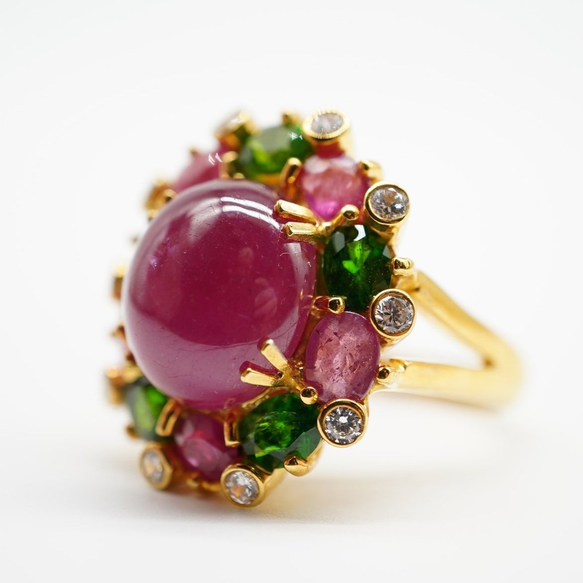 Antique-Style Ruby, Green Tsavorite & Zircon Ring – Handcrafted & Handset