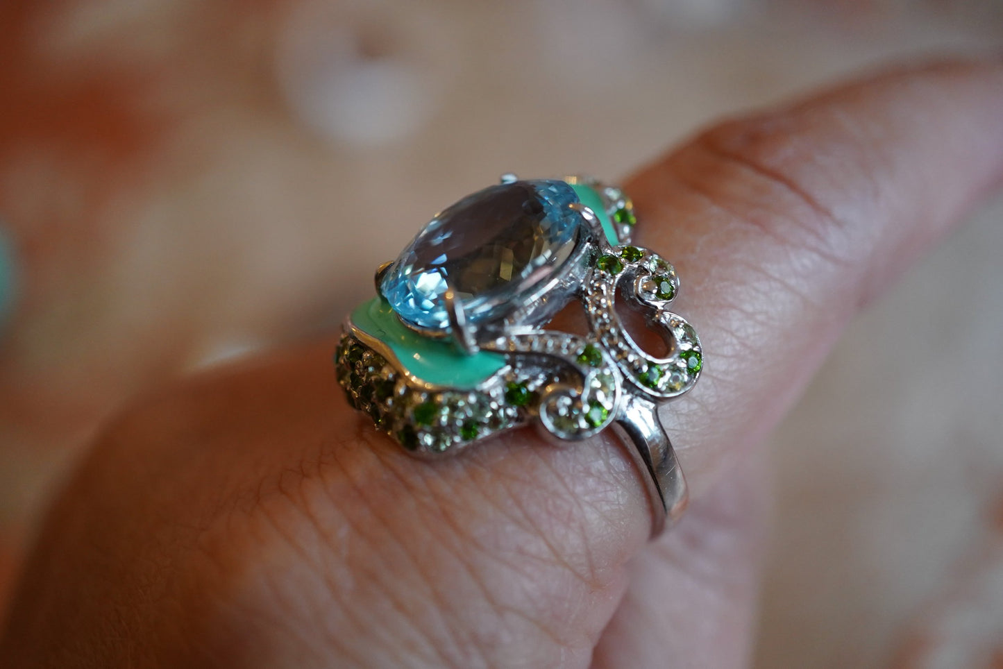 Oversized Blue Topaz & Mixed Gemstone Ring – White Gold-Plated Sterling Silver