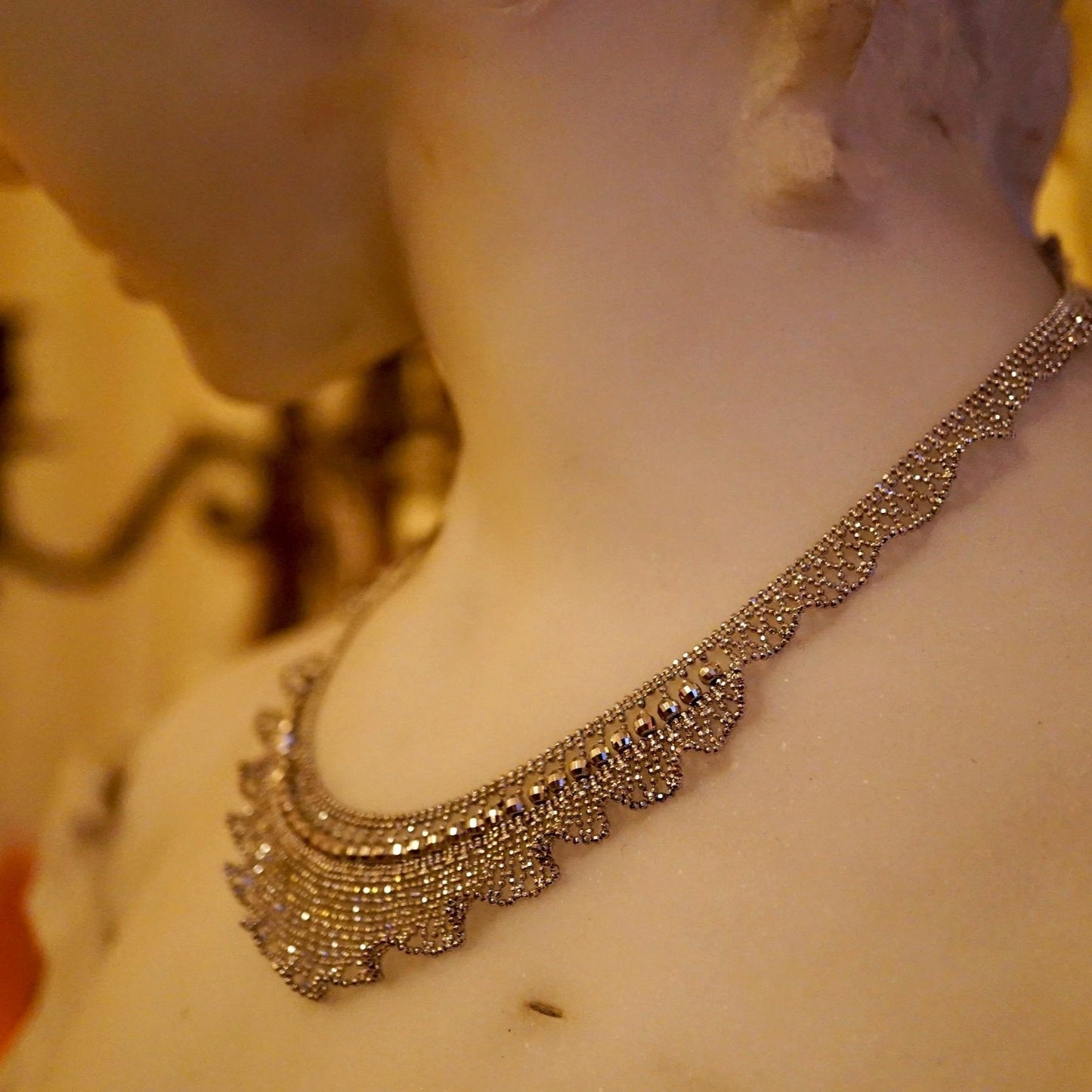 1920s Lace Wavy Silver Faceted Beads Necklace – 925 Sterling Silver (Château Collection)