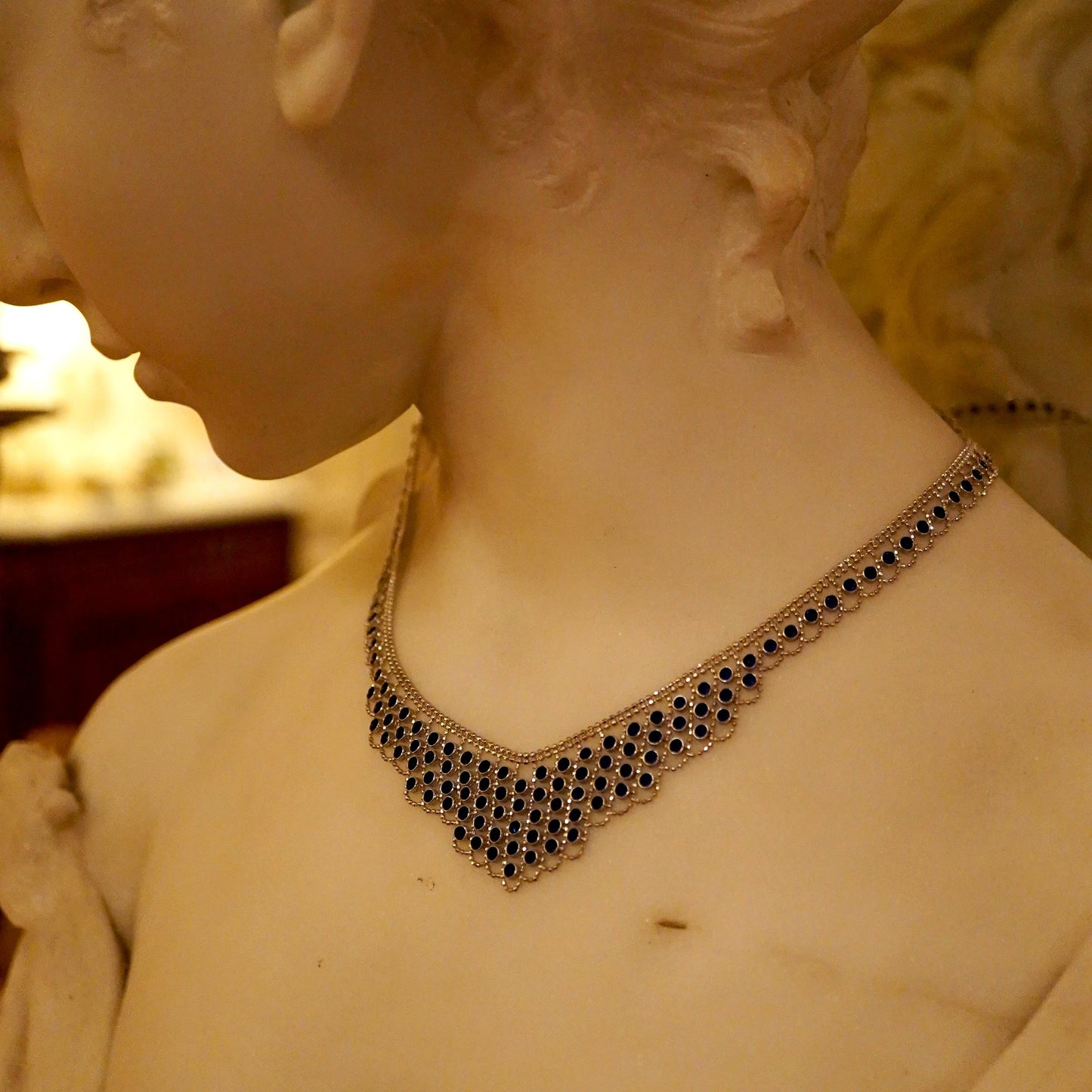 1920s Lace Wavy Silver & London Blue Beads Necklace – 925 Sterling Silver