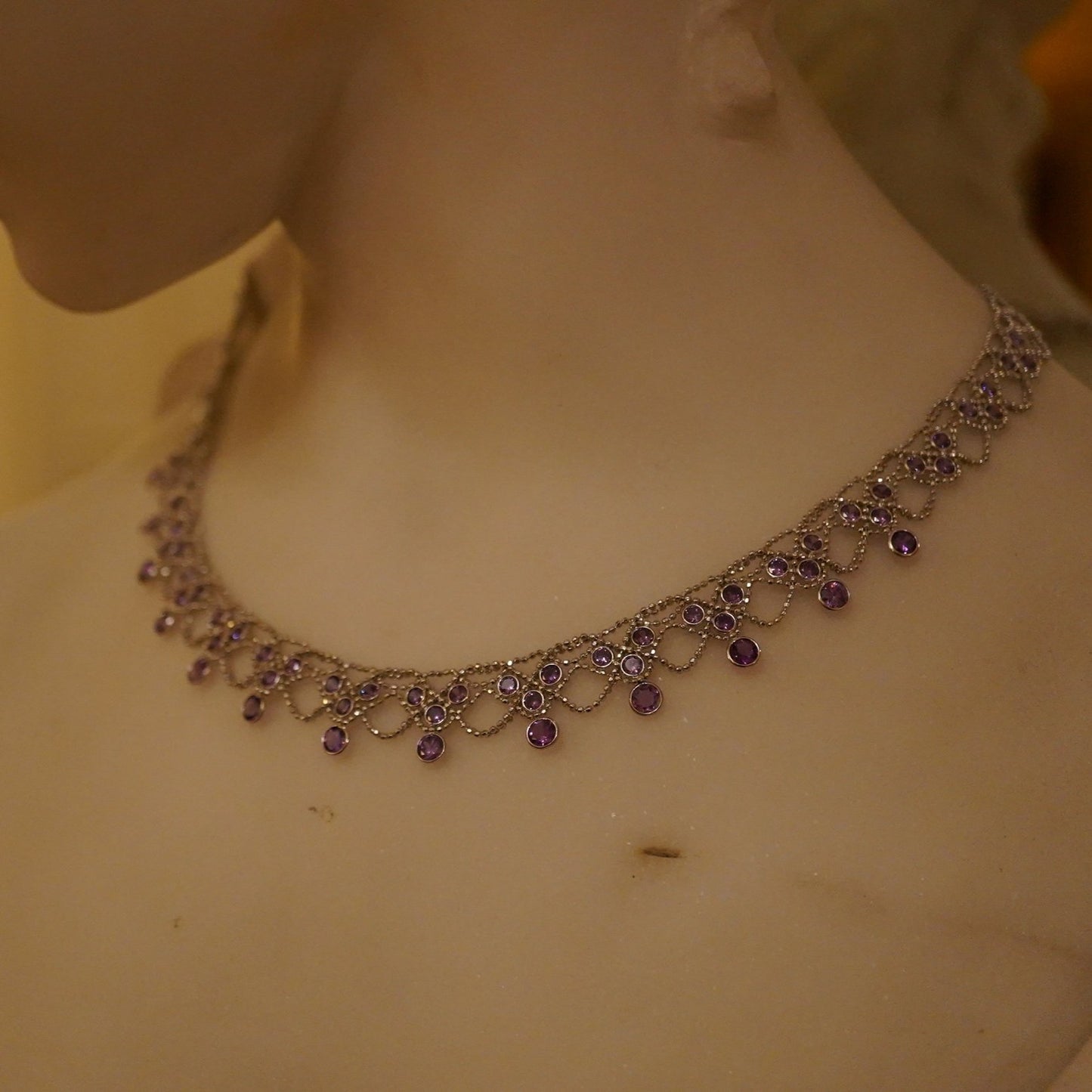 1920s Lavender Quartz Lace Necklace – 925 Sterling Silver (Château Collection)