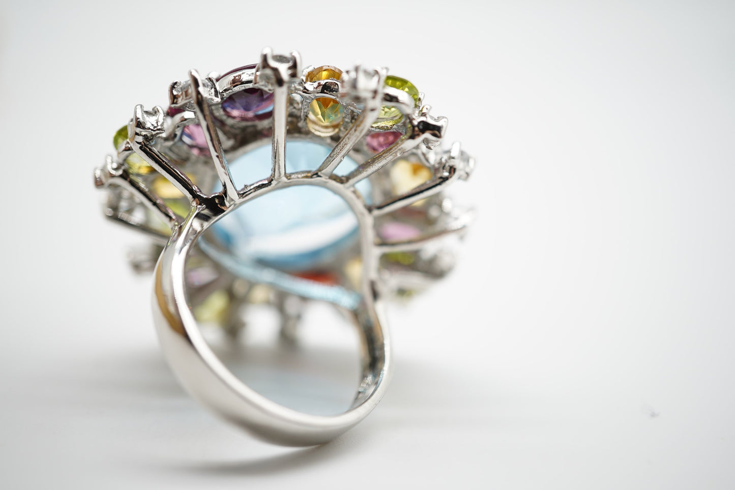Oversized Blue Topaz & Mixed Gemstone Ring – White Rhodium-Plated Sterling Silver
