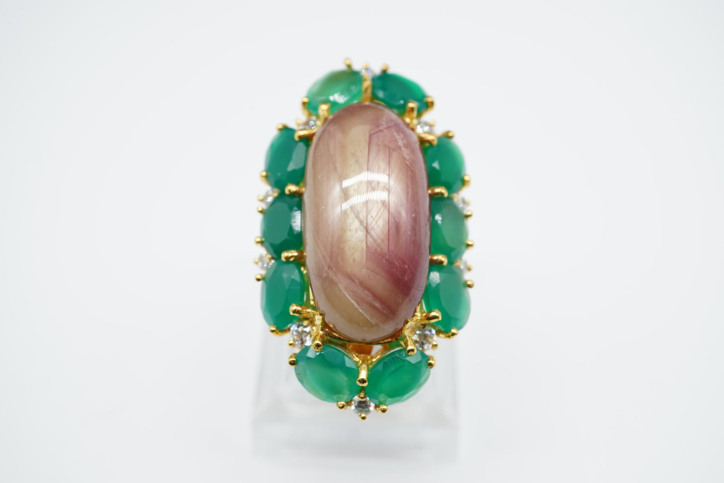 Baroque-Style Ruby & Chalcedony Wealth Symbol Ring – 24K Gold-Plated Sterling Silver