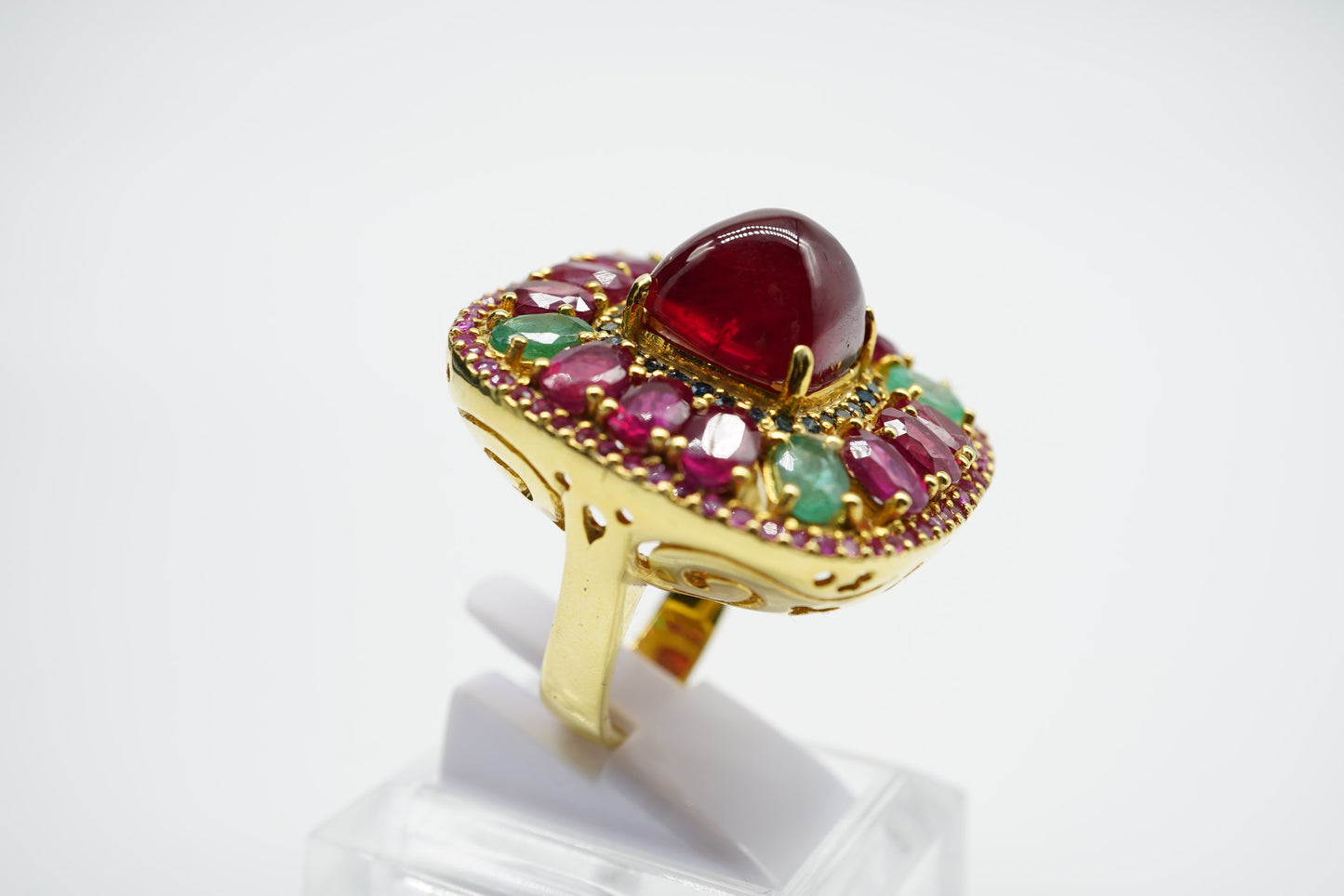 Art Deco Ruby & Emerald Ring with Certified Diamonds – 24K Gold-Plated Sterling Silver