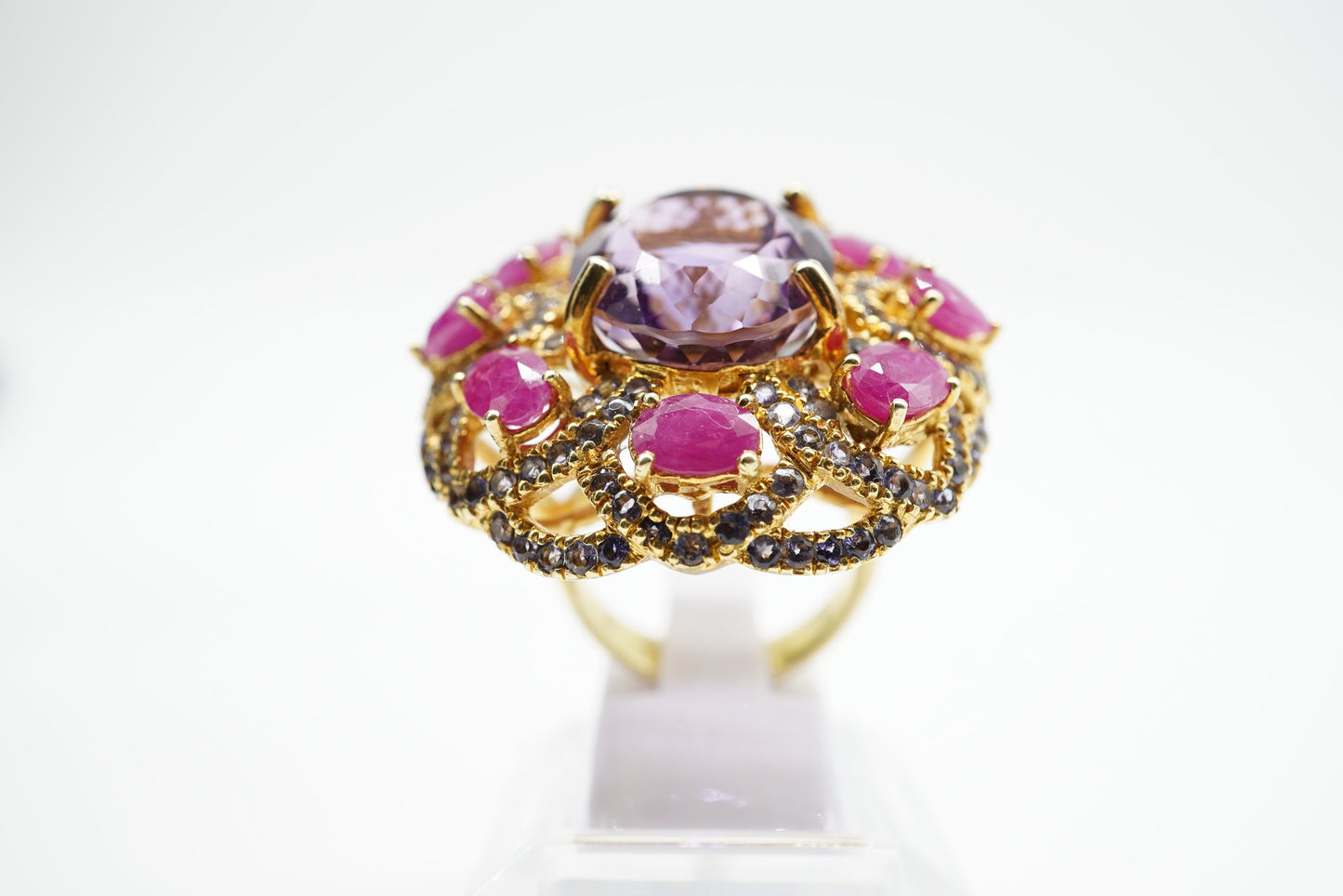Amethyst, Ruby & Blue Sapphire Ring – 24K Gold-Plated Sterling Silver