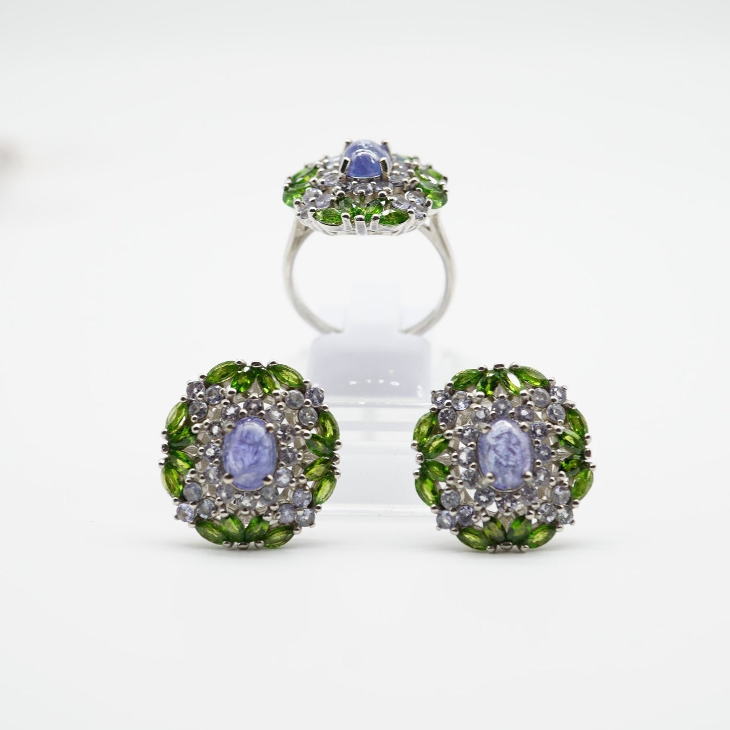Natural Blue & Green Gemstone Earrings & Ring Set – Sterling Silver, White Rhodium Plated