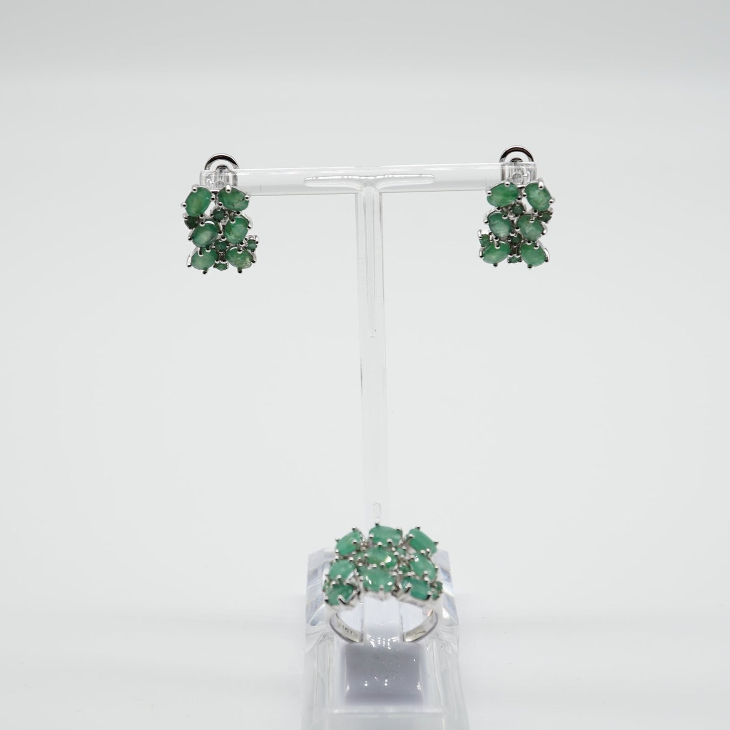 Natural Emerald Earrings & Ring Set – Sterling Silver, White Rhodium Plated