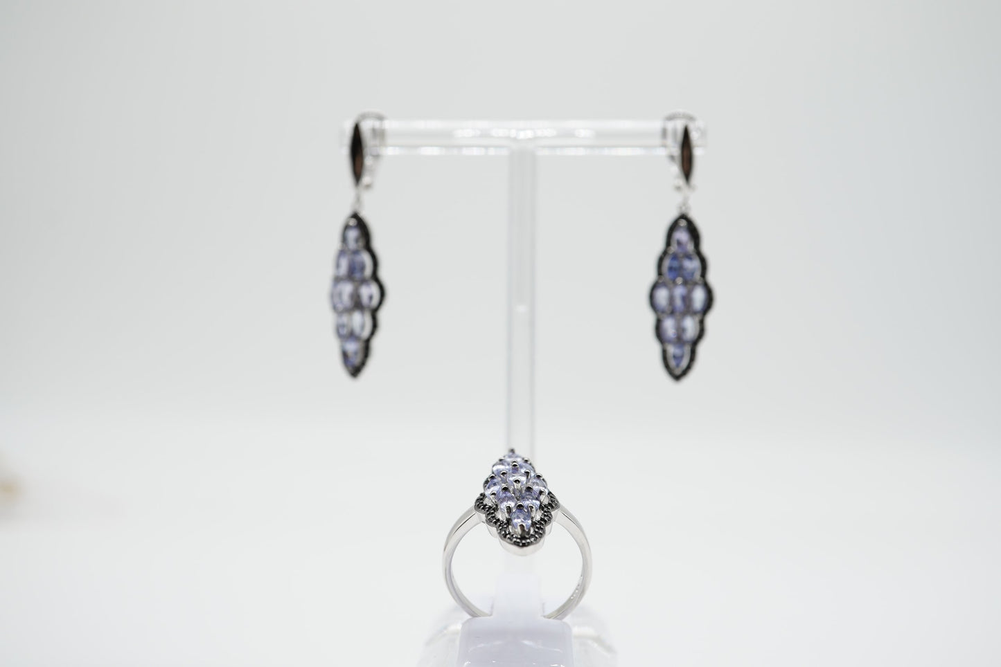 Natural Tanzanite & Black Spinel Earrings & Ring Set – Sterling Silver, White Rhodium Plated