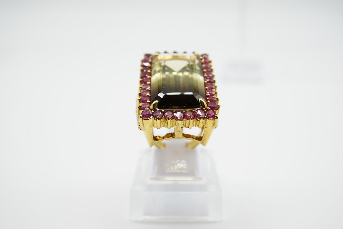 Oversized Mid-Century Emerald Cut Ametrine & Ruby Ring – 18K Yellow Gold-Plated Sterling Silver