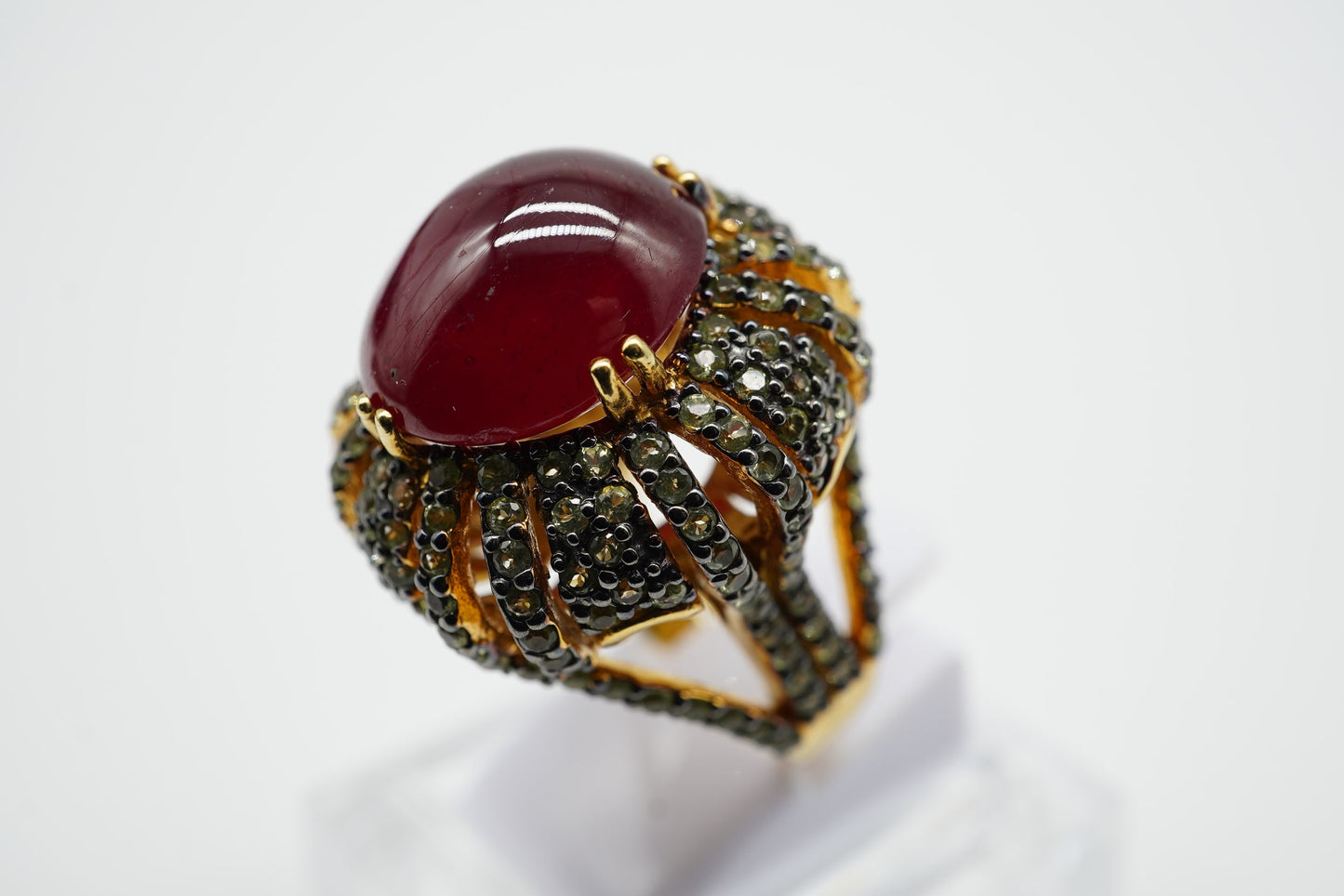Oriental-Style Ruby Dome Cabochon Ring with Diamonds – 24K Gold-Plated Sterling Silver