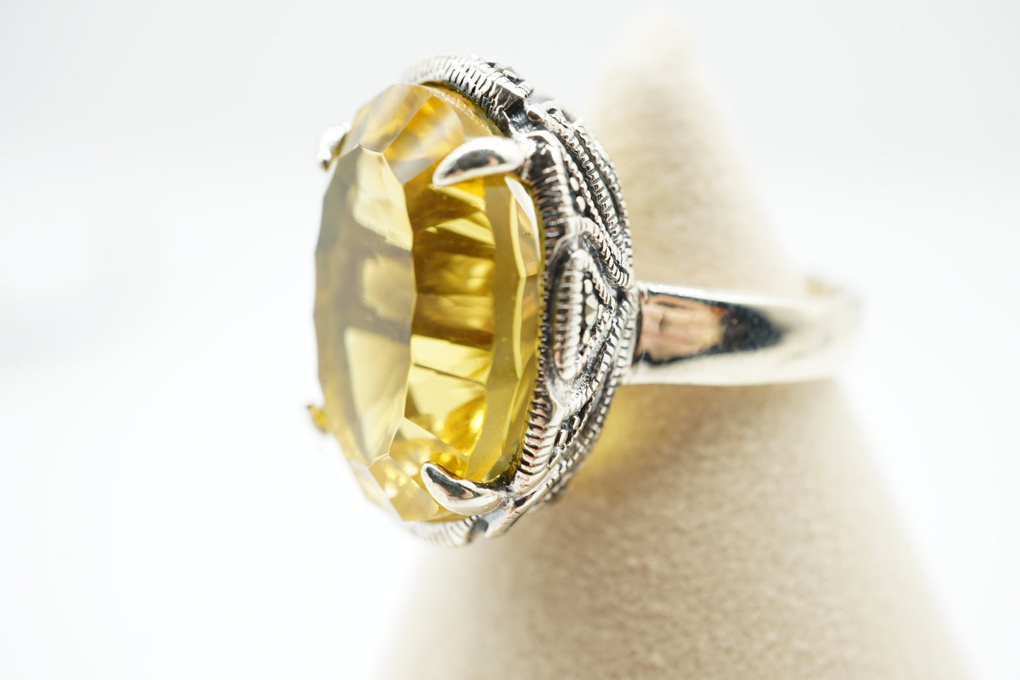 Golden Yellow Quartz & Marcasite Filigree Ring – Rhodium-Plated Sterling Silver