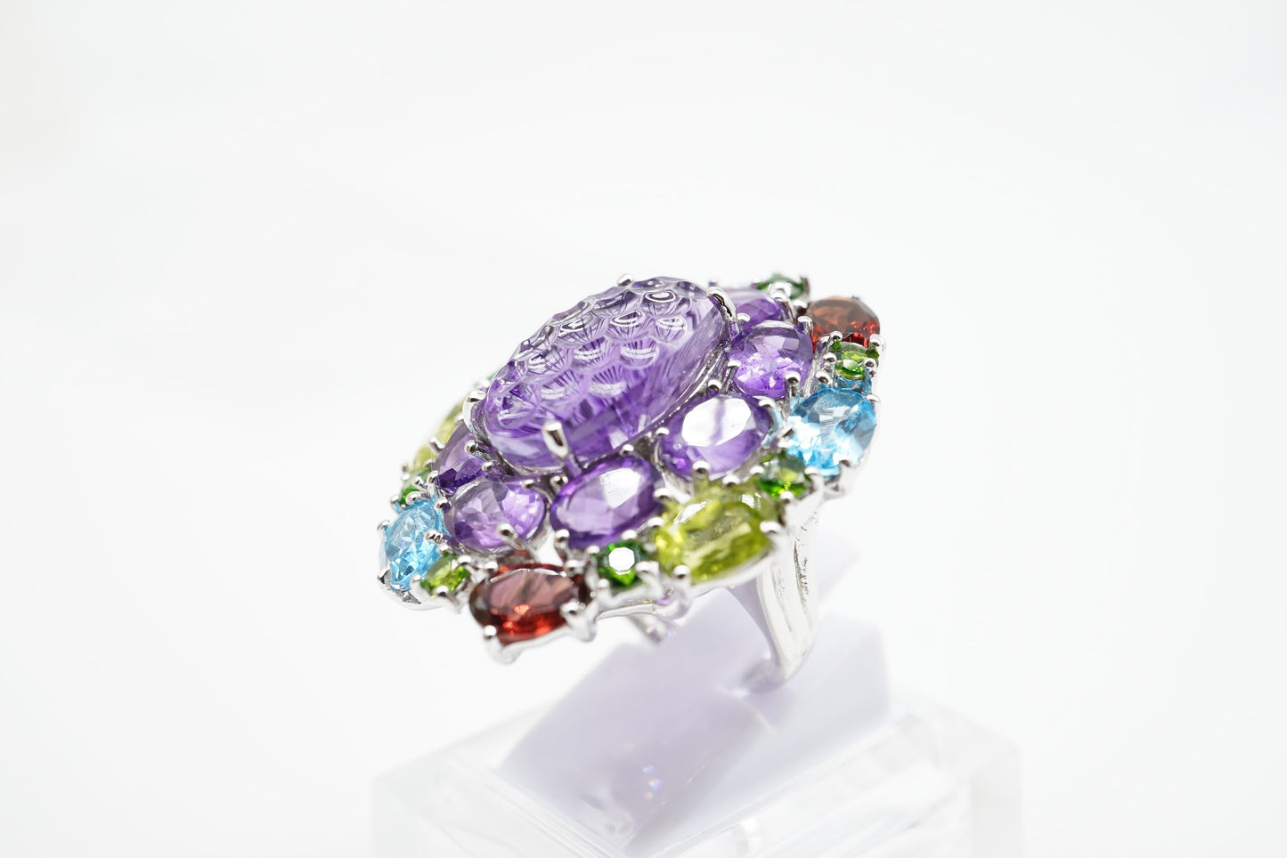 Amethyst & Mixed Gemstone Ring – Rhodium-Plated Sterling Silver
