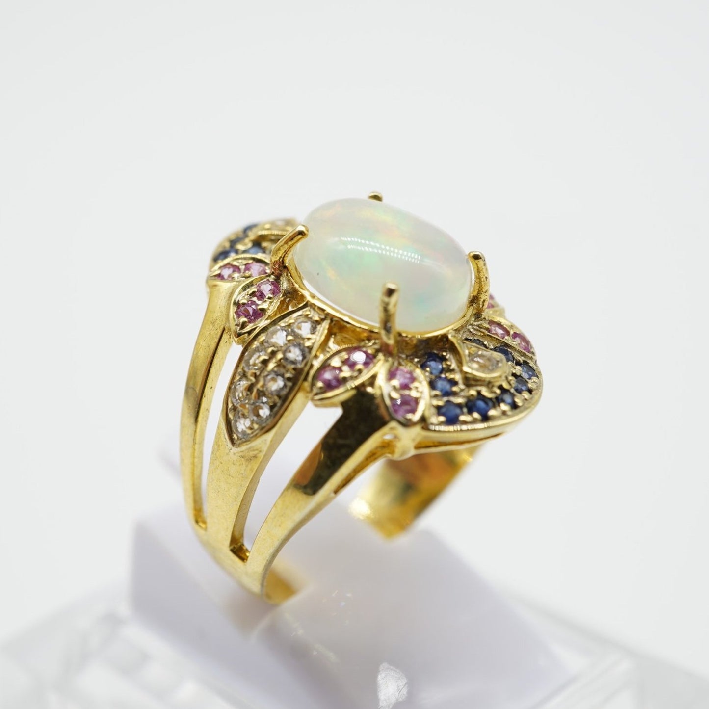 White Opal, Sapphire & Ruby Ring – 18K Gold-Plated Sterling Silver