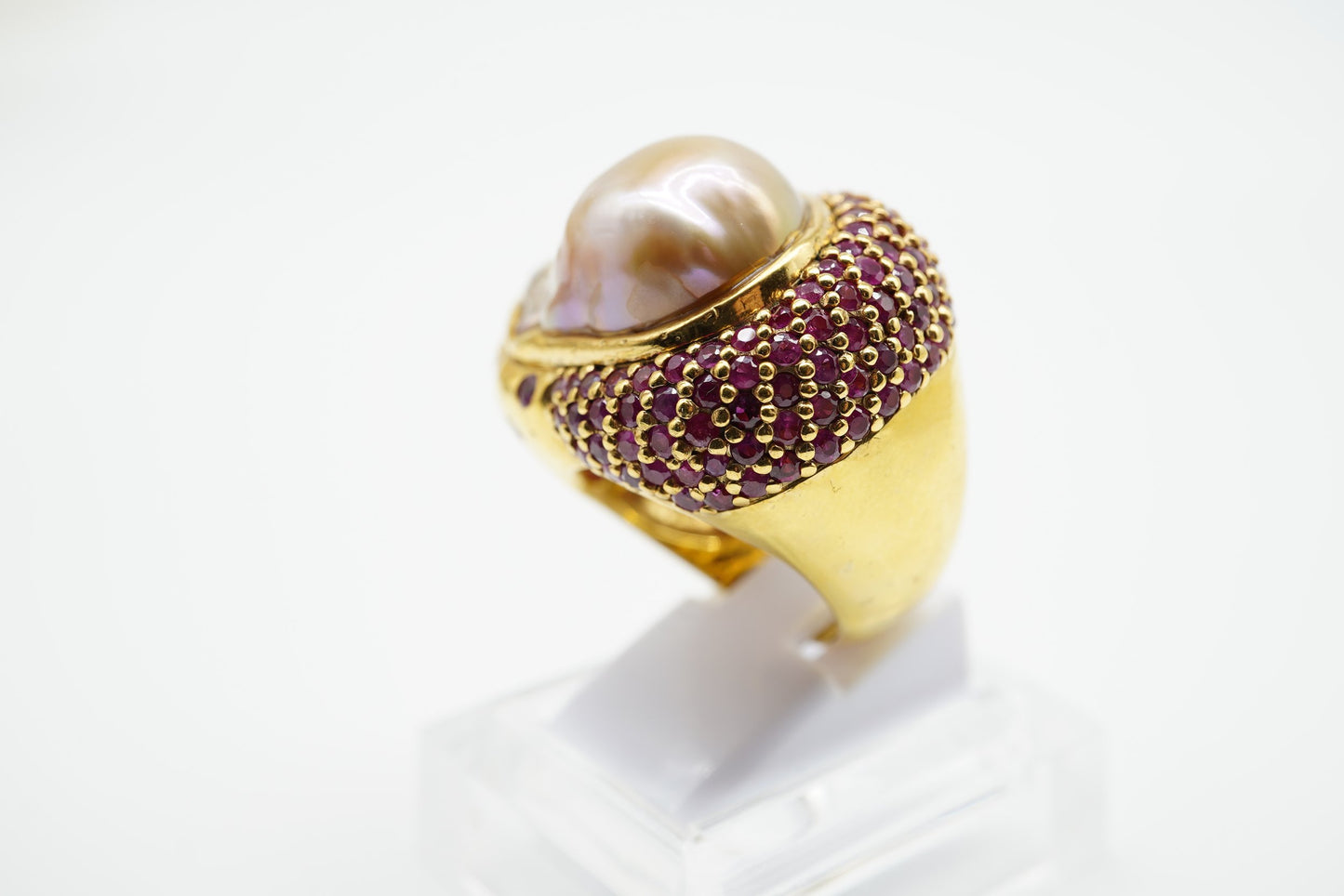 Handmade Baroque Pearl & Burmese Ruby Ring – 18K Gold-Plated Sterling Silver (Rare & Limited Edition)