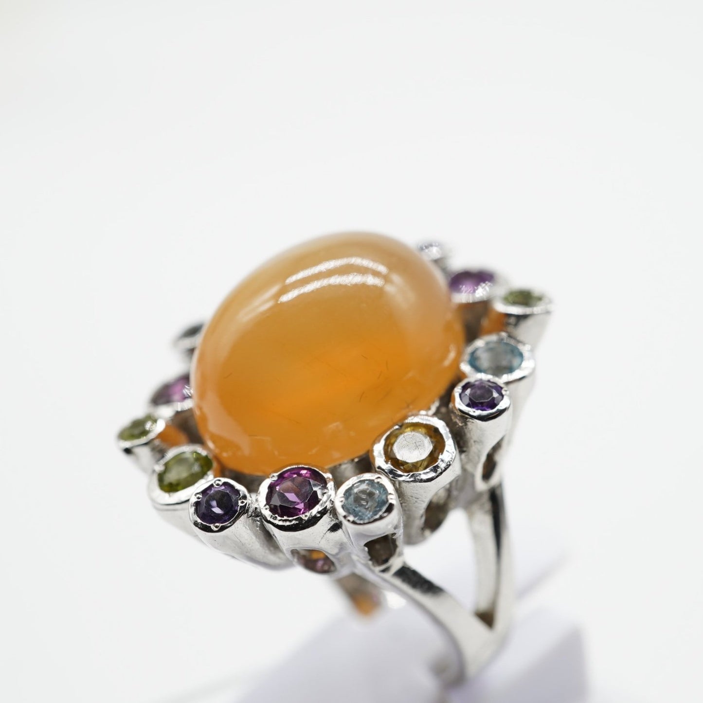 Peach Moonstone & Mixed Semi-Precious Gemstone Ring – Rhodium-Plated Sterling Silver