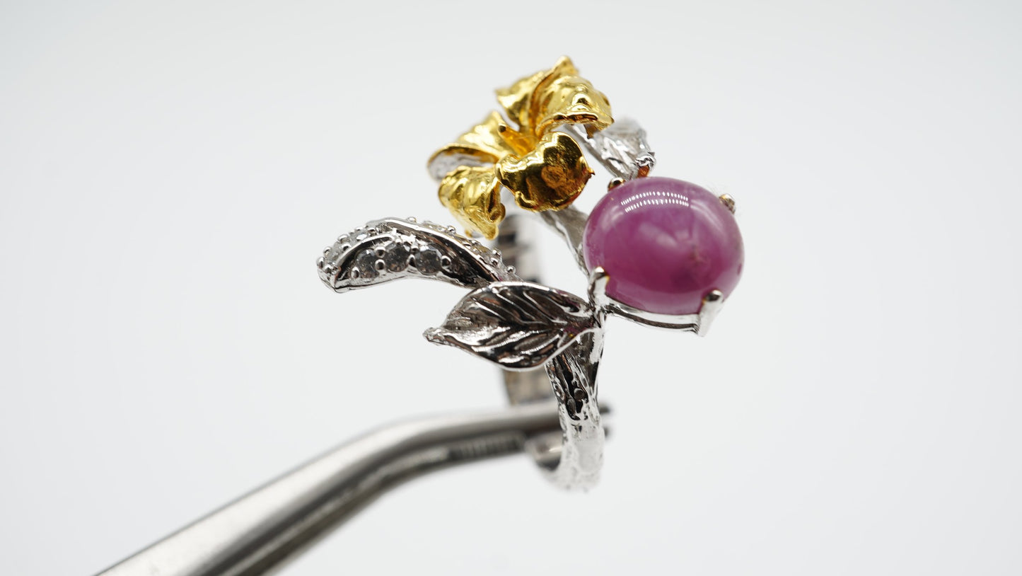 Handmade 6-Carat Ruby Flower Ring – 18K Rhodium & 24K Gold-Plated Sterling Silver