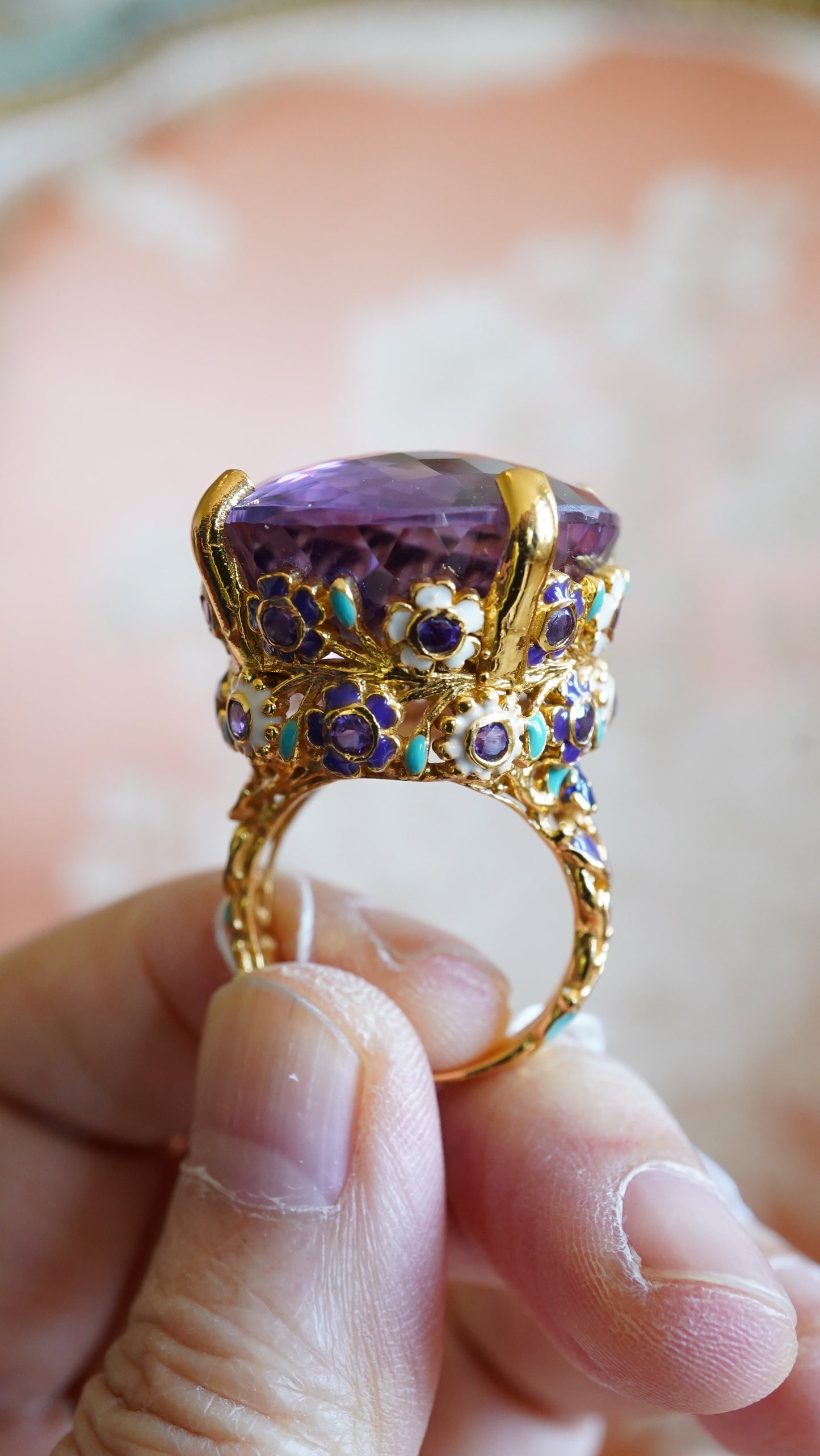 70-Carat Amethyst & Enamel Statement Ring – 18K Gold-Plated Sterling Silver