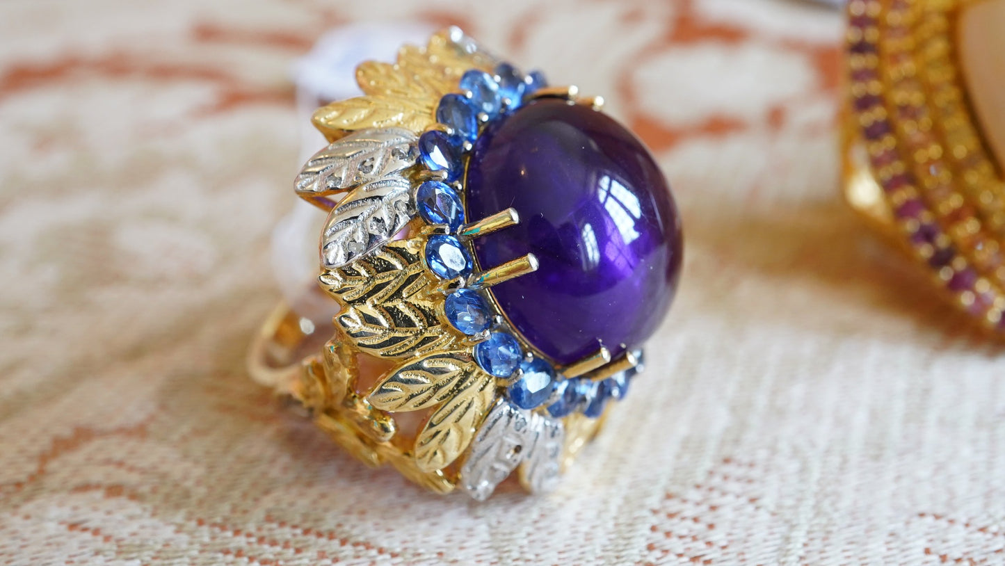 Amethyst 60 carats purple blue sapphire sunflower ring size FR56 UK P, US 7.50, EU17.75