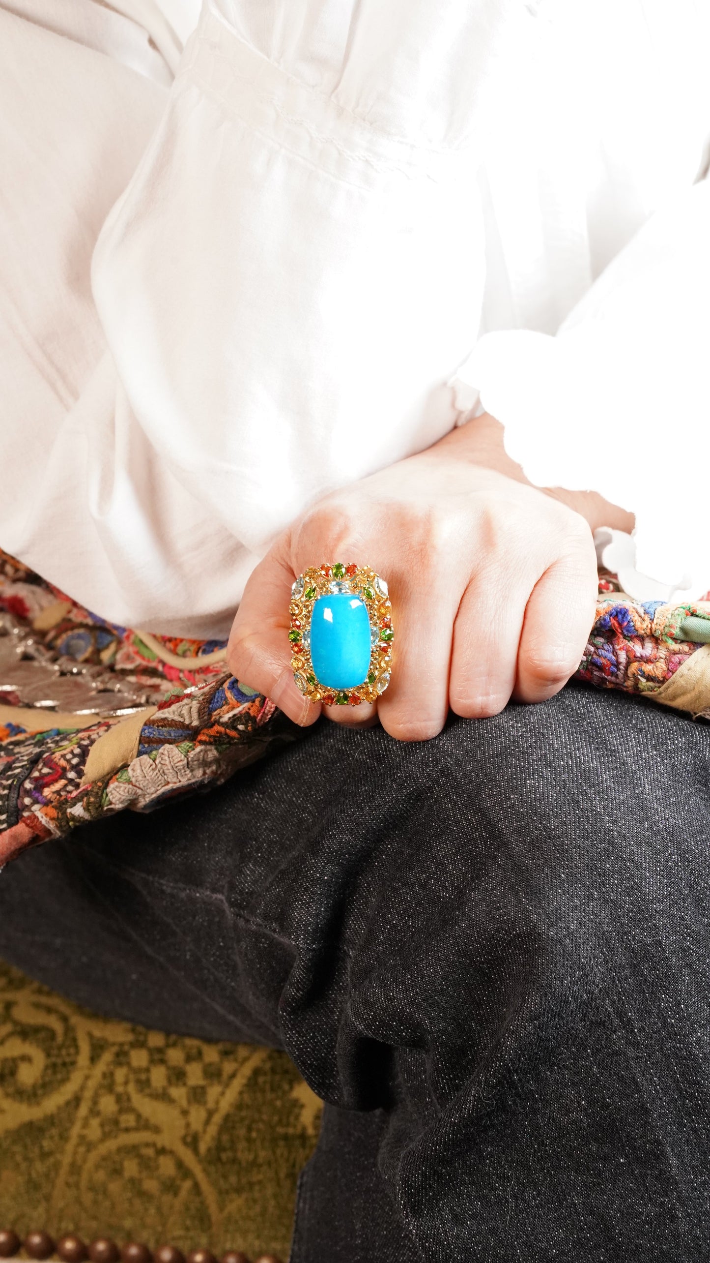 RARE Blue Opal & Mixed Gemstone Ring – 18K Gold-Plated Sterling Silver