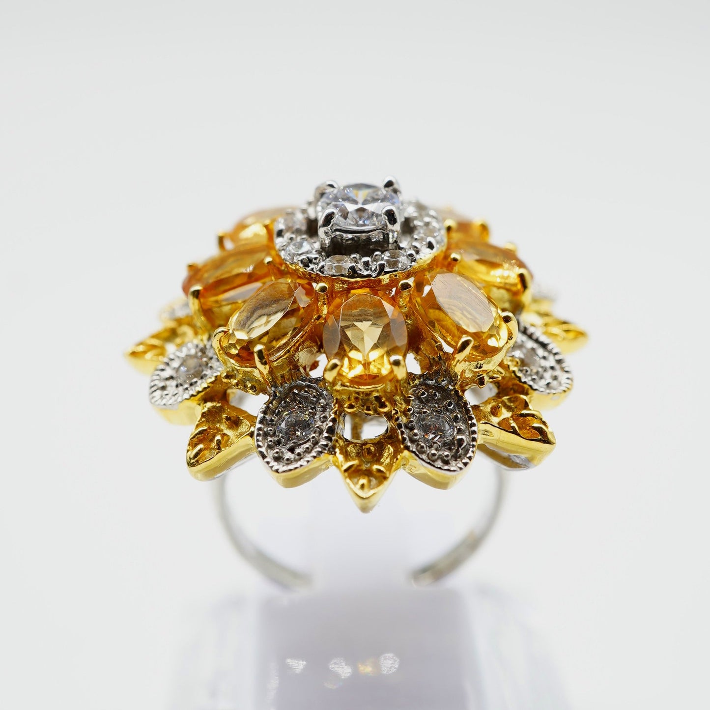 Citrine & White Topaz Sunflower Ring – 24K Gold & White Rhodium Plated Sterling Silver