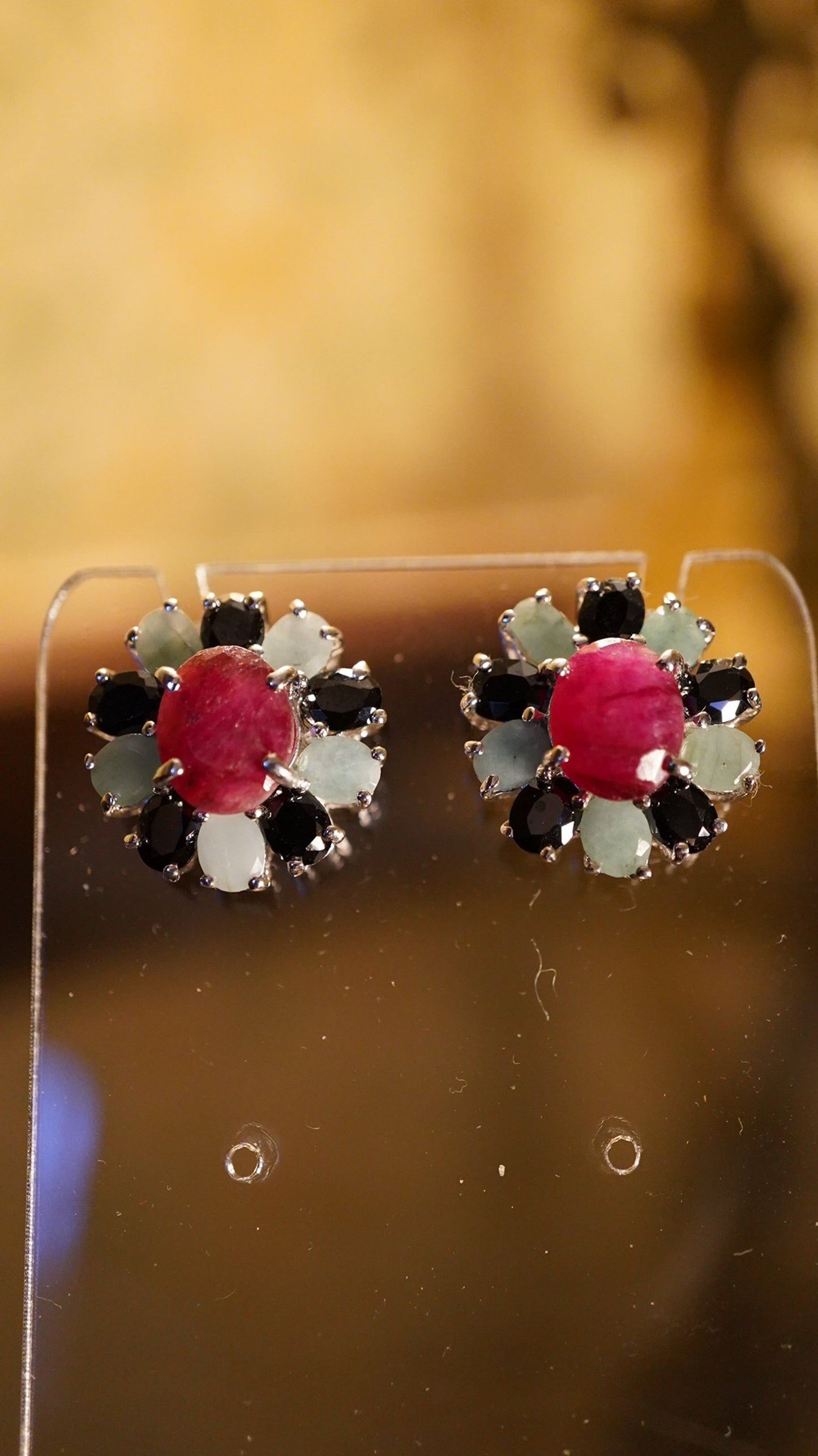 Emerald, Ruby & Black Spinel Earrings – Rhodium-Plated Sterling Silver
