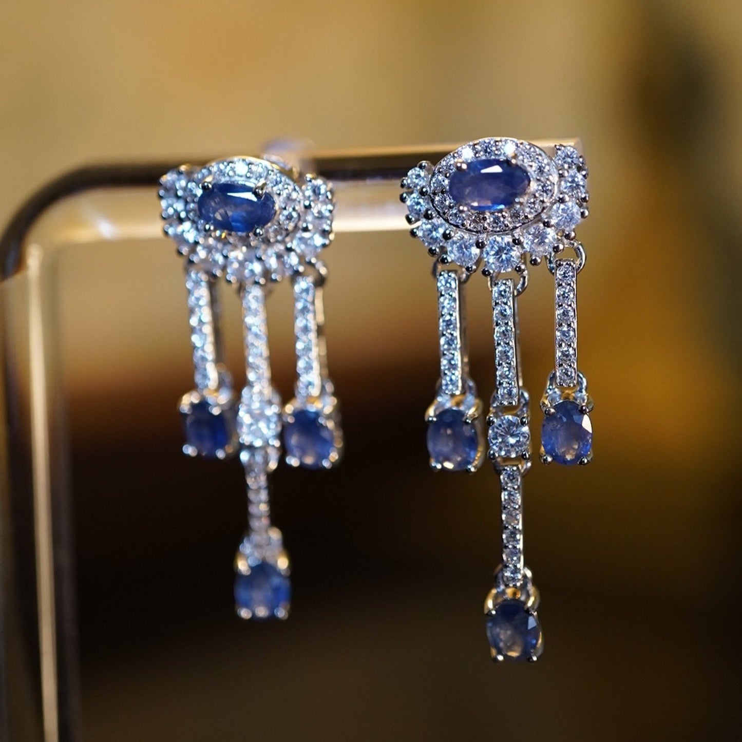 Sapphire & White Topaz Earrings – Rhodium-Plated Sterling Silver