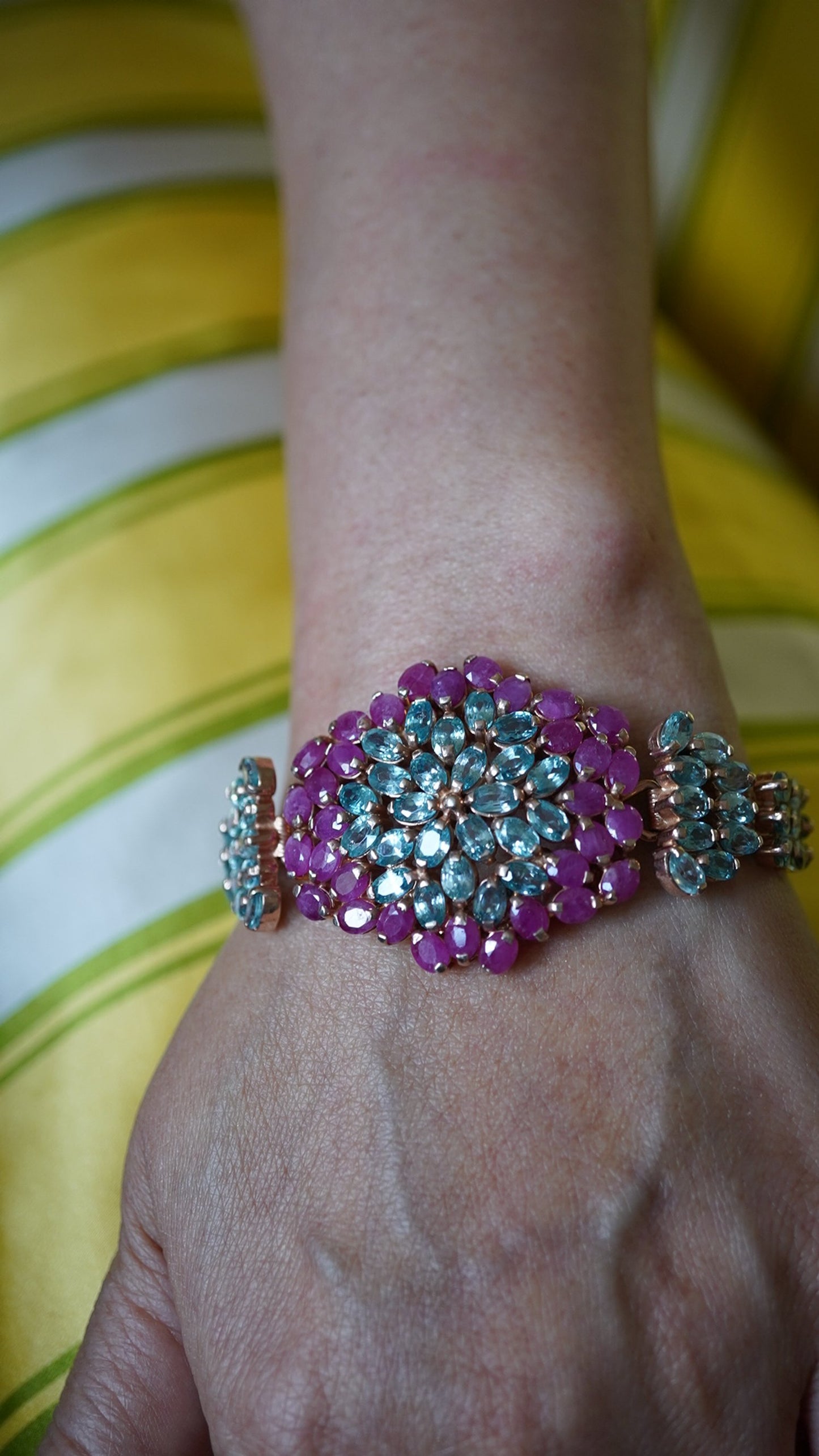 97-Carat Ruby & Cambodian Blue Zircon Art Deco Bangle – 18K Rose Gold-Plated Sterling Silver