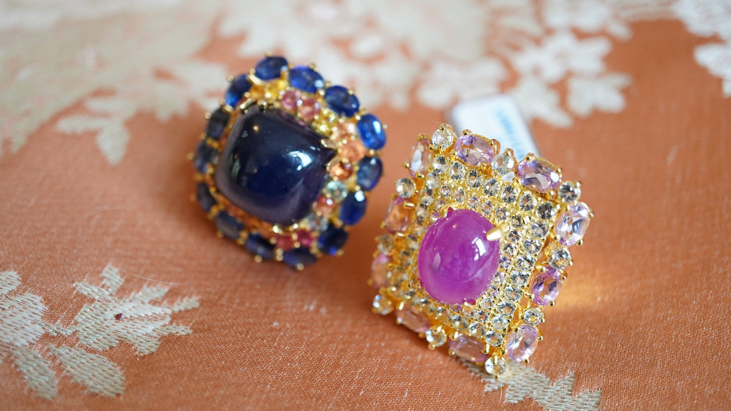 Pink Ruby Ring with White Topaz and Pink Topaz | Rectangular Setting | 18k White Gold Plated