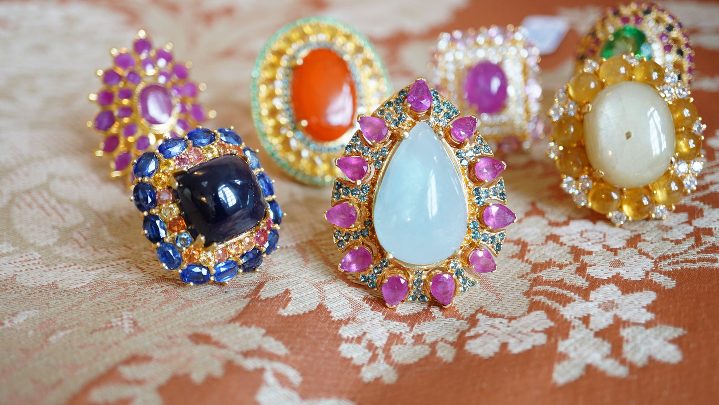 eardrop Aquamarine Cabochon Ring with Burmese Rubies & Cambodian Emeralds – 18K Gold-Plated Sterling Silver