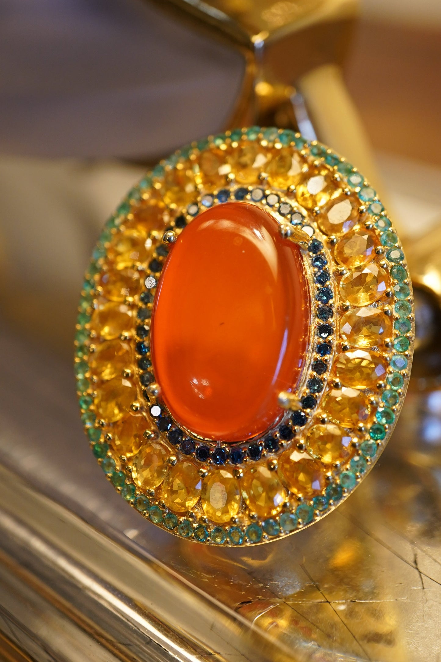 Fire Opal Ring with Yellow Sapphires and Emeralds | 18k Gold Plated Sterling Silver | Size FR 57