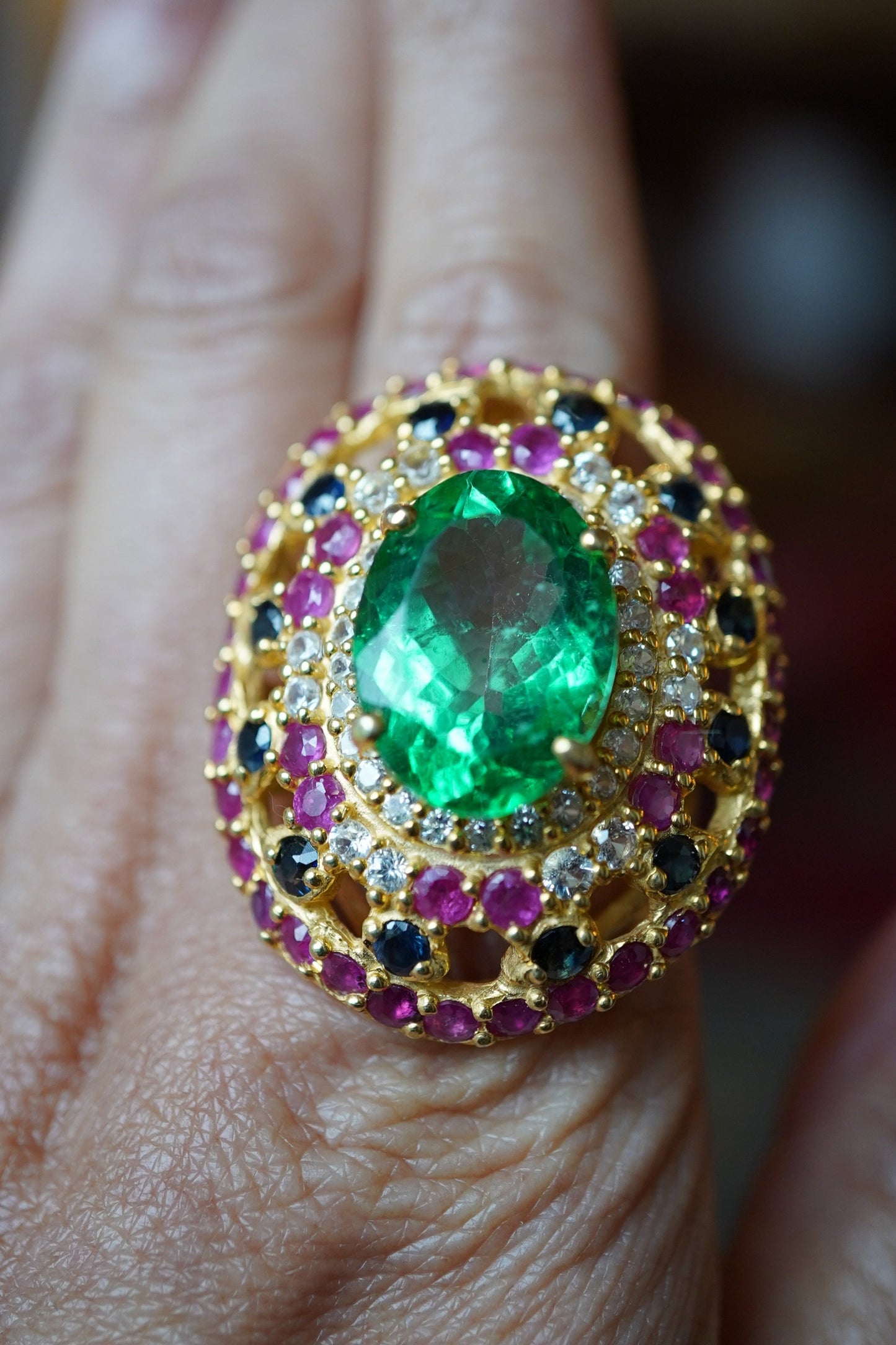 Oval Green Topaz Ring from Brazil with White Topaz, Sapphires, and Rubies | 18k Gold Plated Sterling Silver | Size FR 58