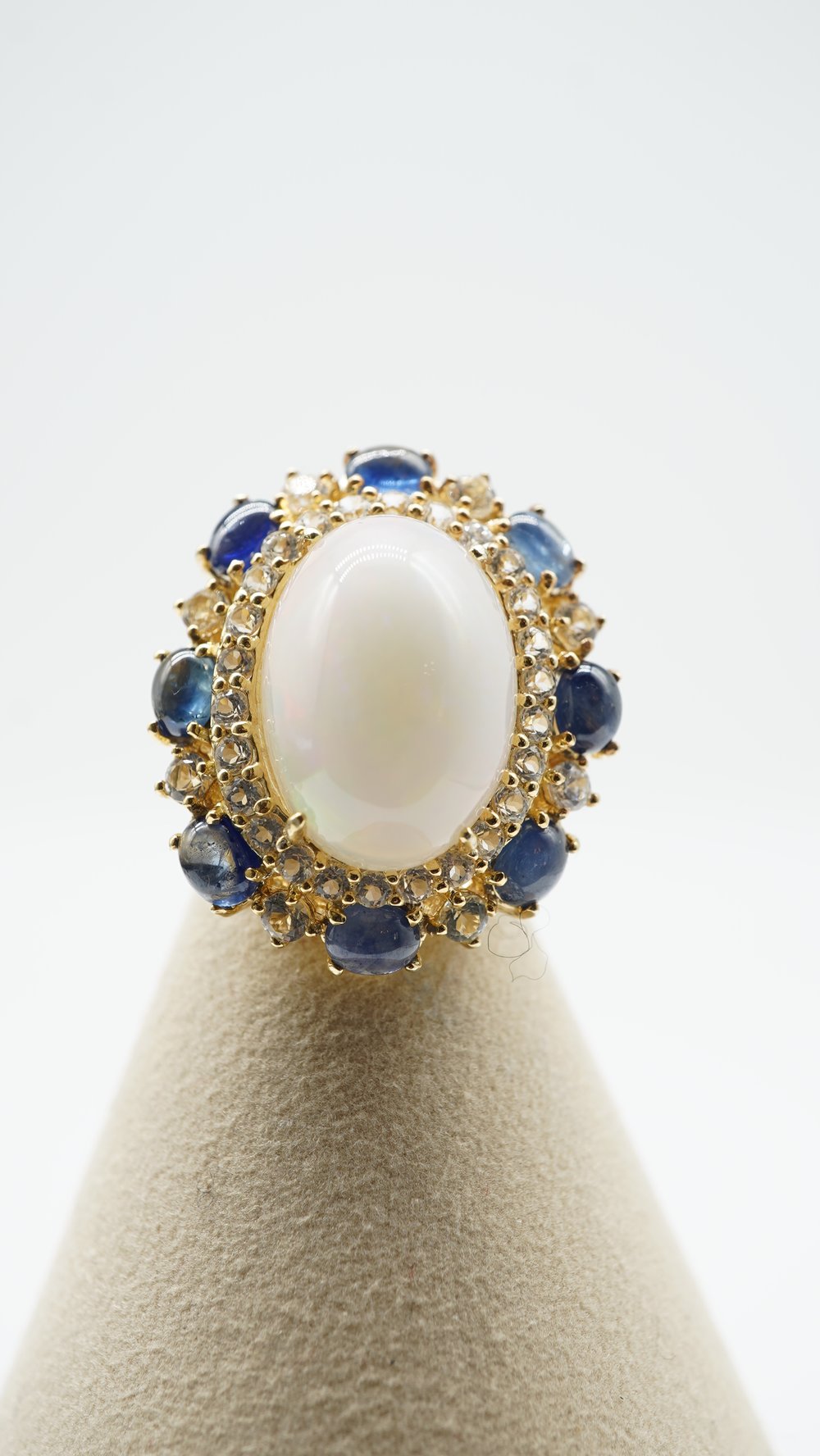 Adjustable White Opal, Sapphire & White Topaz Ring – 14K Gold Plated Sterling Silver (Free Size)