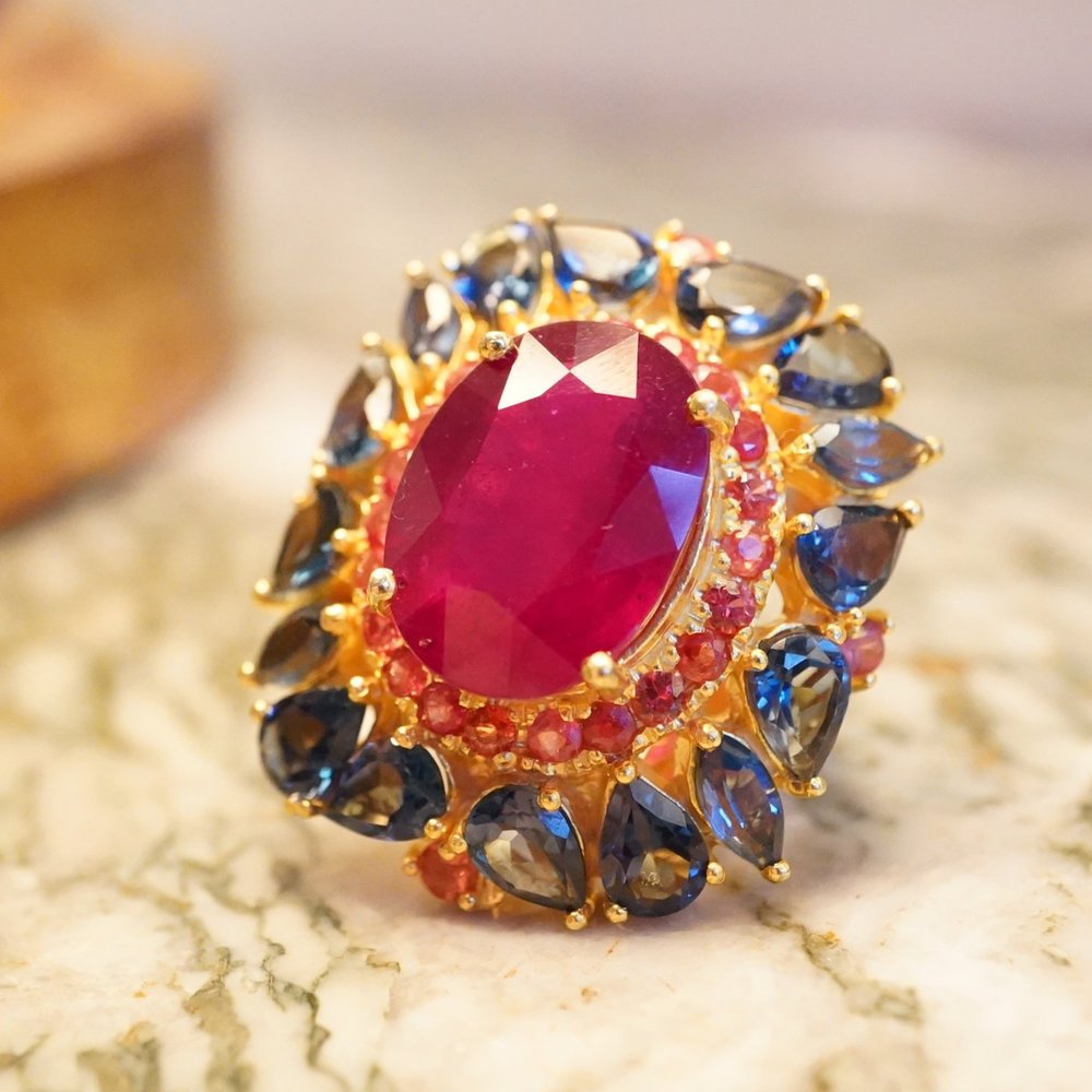 Rare ruby and London blue topaz and garnet ring in sterling silver plated 18k gold size FR56 UK P, US 7.50, EU17.75