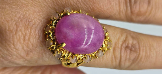 Vintage Pink Rose Ruby & Moonstone Ring – 18K Yellow Gold-Plated Sterling Silver