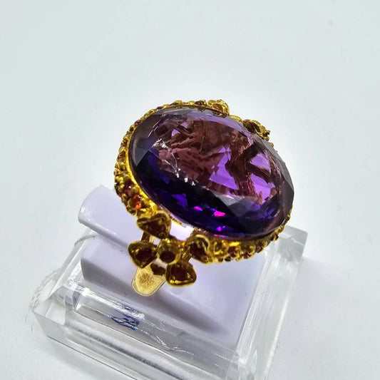 Vintage-Inspired Amethyst & Corundum Ring – 18K Gold-Plated Sterling Silver