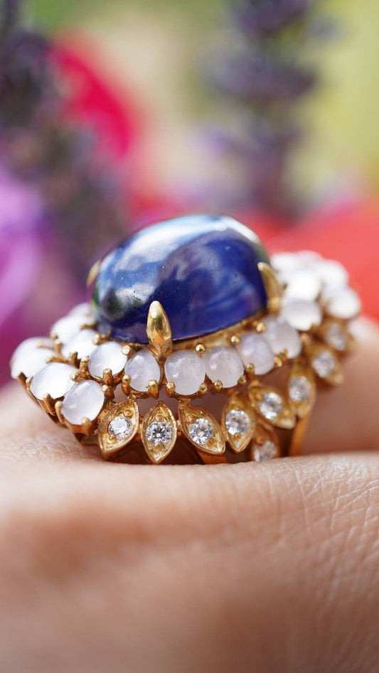Vintage 24-Carat Blue Sapphire & Moonstone Ring – 18K Gold Plated Sterling Silver