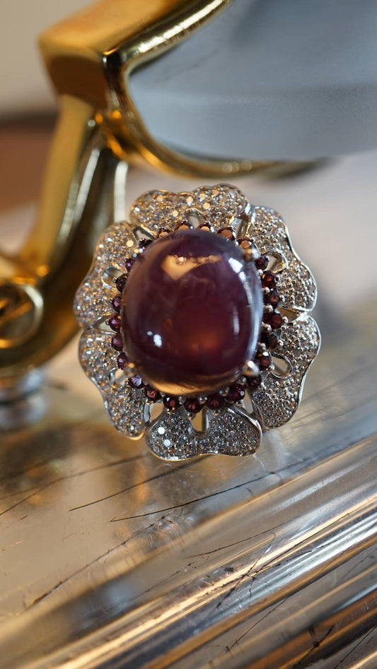 31-Carat Red Grape Ruby, Garnet & White Topaz Ring – 18K White Gold Plated Sterling Silver