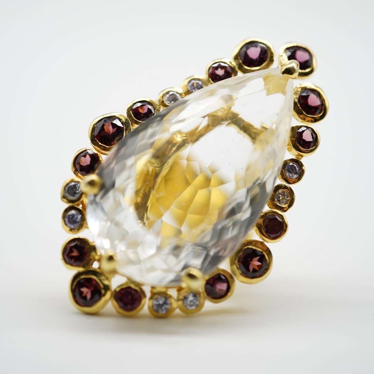 Teardrop White Quartz & Garnet Ring – 18K Gold Vermeil on Sterling Silver